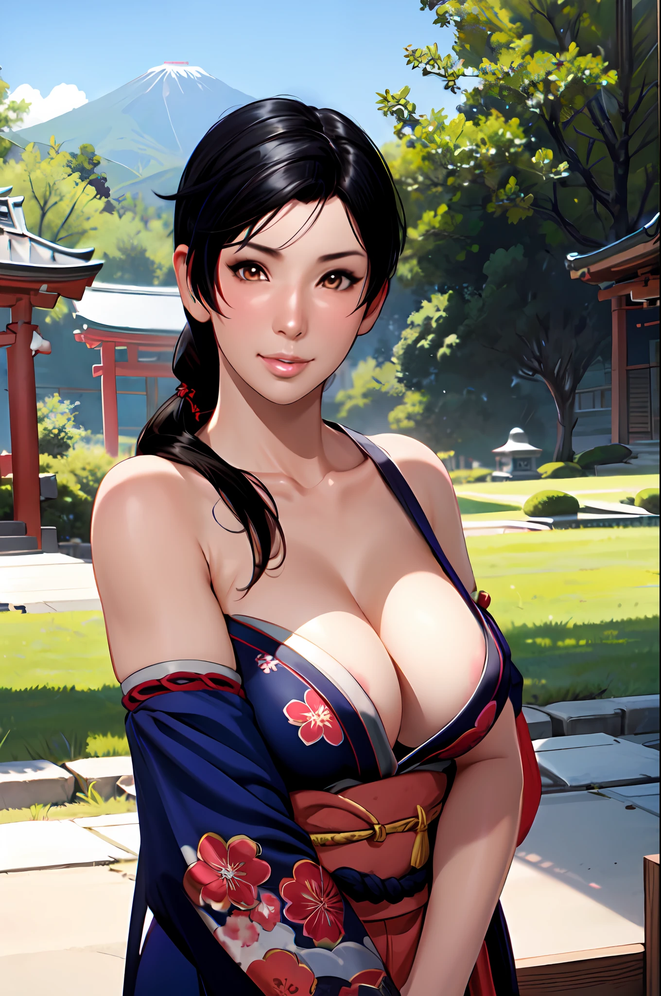 beautiful woman, adult woman, momiji, (looking at viwer), BREAK ((masterpiece)), ((best quality)), ((intricate detailed)), ((Hyperrealistic)), BREAK (japanese shrine maiden costume), bare shoulder, (sexy and elegant pose), BREAK sunlight, natural lighting, BREAK (Skin details:1.2), (perfect face), smile, blush, embarrassed expression, bashful, shy, blushing, BREAK japanese garden, Background details,