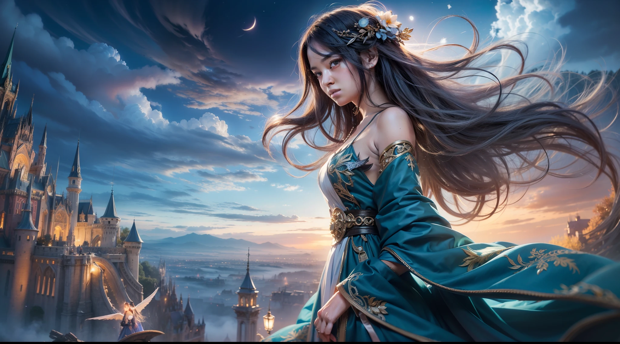 Above the rising clouds,Night, Dark, (Fantasy),infinite,deep blue sky,The abyss of knowledge,Cowledge,((masutepiece)), (((Best Quality))),((Beautiful fine eyes)),(Eye lashes)、Realistic clouds、Very beautiful face、The ultra -The high-definition、high fantasy castle、Beautiful girl with a huge golem、(1人)、Black hair、The long-haired、abyss eyes、glowy skin、oils、small tits、Perfect human body structure、Wizard robes、der riese、tattered cloth、Realistic coat、Tee、Super delicate CG Unity 32k wallpaper、photoRealstic、masterpiece, ((ultra-detailliert)), ((illustratio)),colourfull,wall-paper,The energy,Unknown terror,Incomprehensible,Around the magic,Magical surroundings,magic wands,Boken,Flying pages,Know everything,Predict the future、Get to know the past、Infinite wisdom、blue flames、Warlock、magic circles、Pentagram、Spells、mantra、Singing magic