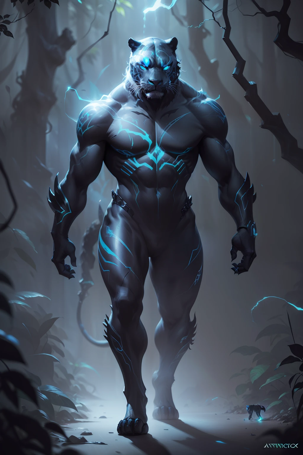 painting of a panther walking in a jungle, cosmic panther, anthropomorphic panther, luminescent concept art, neon glow concept art, panther_beast, realistic paint job, realistic creature concept, painted as a game concept art, humanoid panther, raytrace concept art, official concept art, digital painting highly detailed, finished concept art