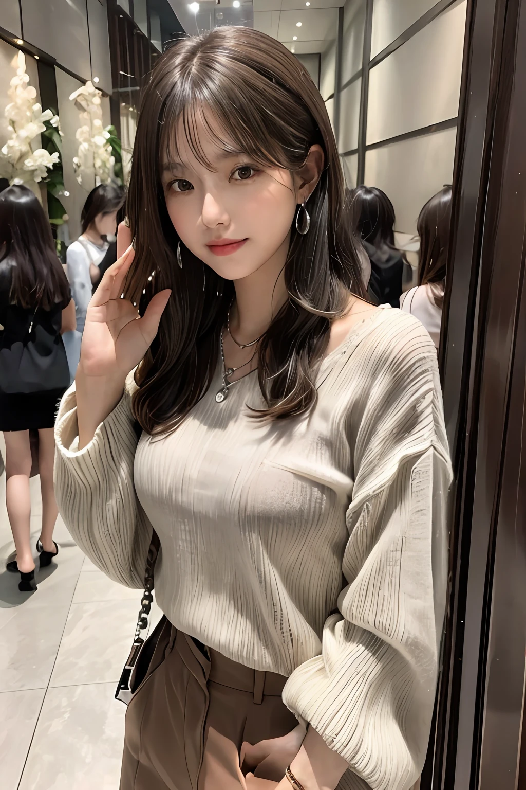 ((3女の子)),Light Brown Fringe Hair、disheveled hair、Light brown eyes、(dignified expression)、((Casual summer clothes))、(爆乳:1.4)、Emphasize the valley、(Photorealsitic)、(intricate detailes:1.2)、(masterpiece、:1.3)、(top-quality:1.4)、(超A high resolution:1.2)、超A high resolution、(A detailed eye)、(detailed facial features)、((Silver necklace))、Luxury Night Bar