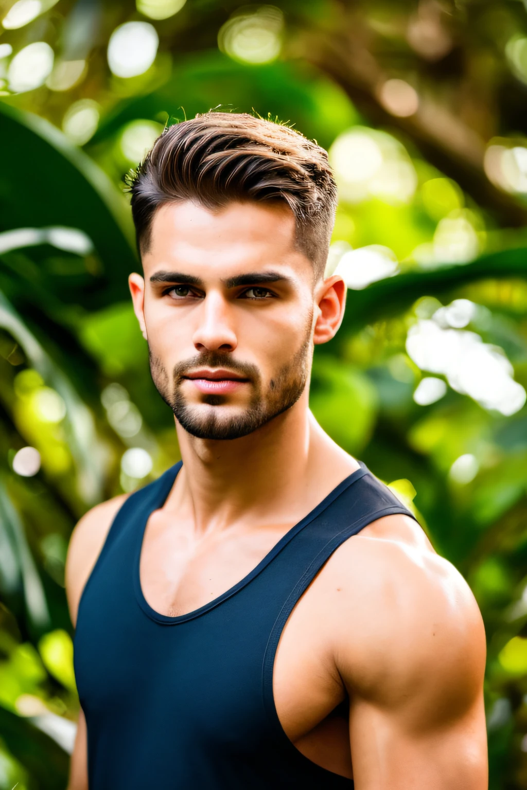 8K resolution, Modelo de 25 anos, European German Male, olhos azuis, blonde hair. fundo da floresta, It's not a portrait. HD 4K detalhe rosto homem bonito robusto com cabelo loiro curto e olhos azuis penetrantes. ele era alto e musculoso, com ombros largos e um forte, athletic build. He had a quiet confidence in him and a calm, safe behavior that made him look like he could handle any situation. Suas roupas molhadas, cabelos molhados. Standing in a jungle of giant trees and lots of vegetation. hiperdetalhado. fotorrealista. alta qualidade.8k
