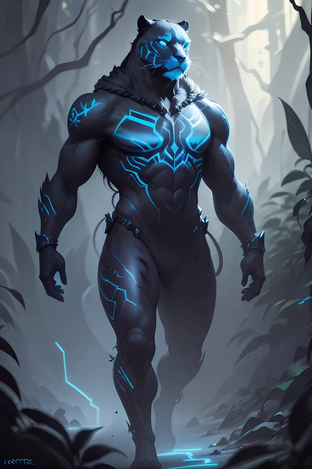 painting of a panther walking in a jungle, cosmic panther, anthropomorphic panther, luminescent concept art, neon glow concept art, panther_beast, realistic paint job, realistic creature concept, painted as a game concept art, humanoid panther, raytrace concept art, official concept art, digital painting highly detailed, finished concept art