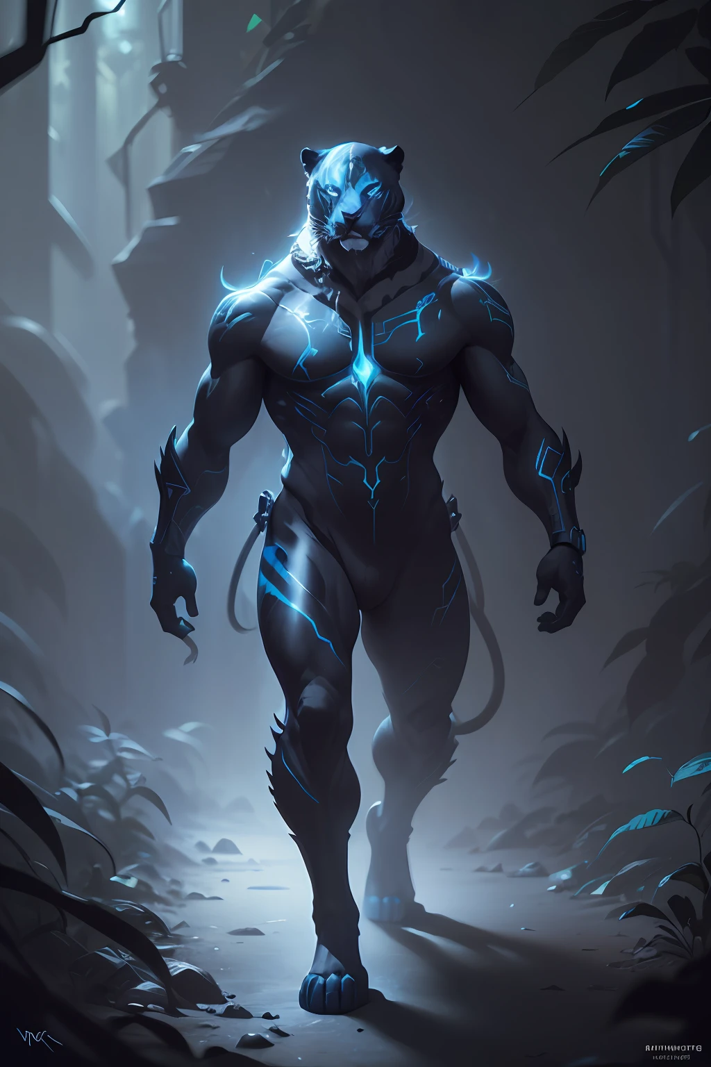 painting of a panther walking in a jungle, cosmic panther, anthropomorphic panther, luminescent concept art, neon glow concept art, panther_beast, realistic paint job, realistic creature concept, painted as a game concept art, humanoid panther, raytrace concept art, official concept art, digital painting highly detailed, finished concept art