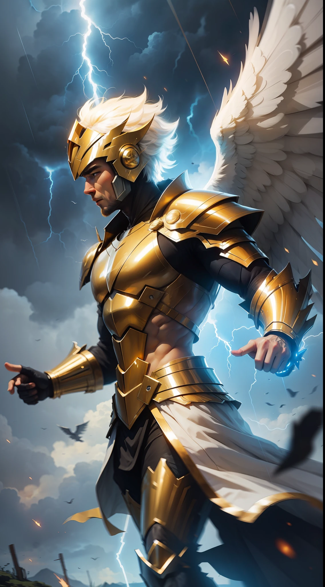 Background, lightning, scenery ,God of Thunder, golden armor,angel wing