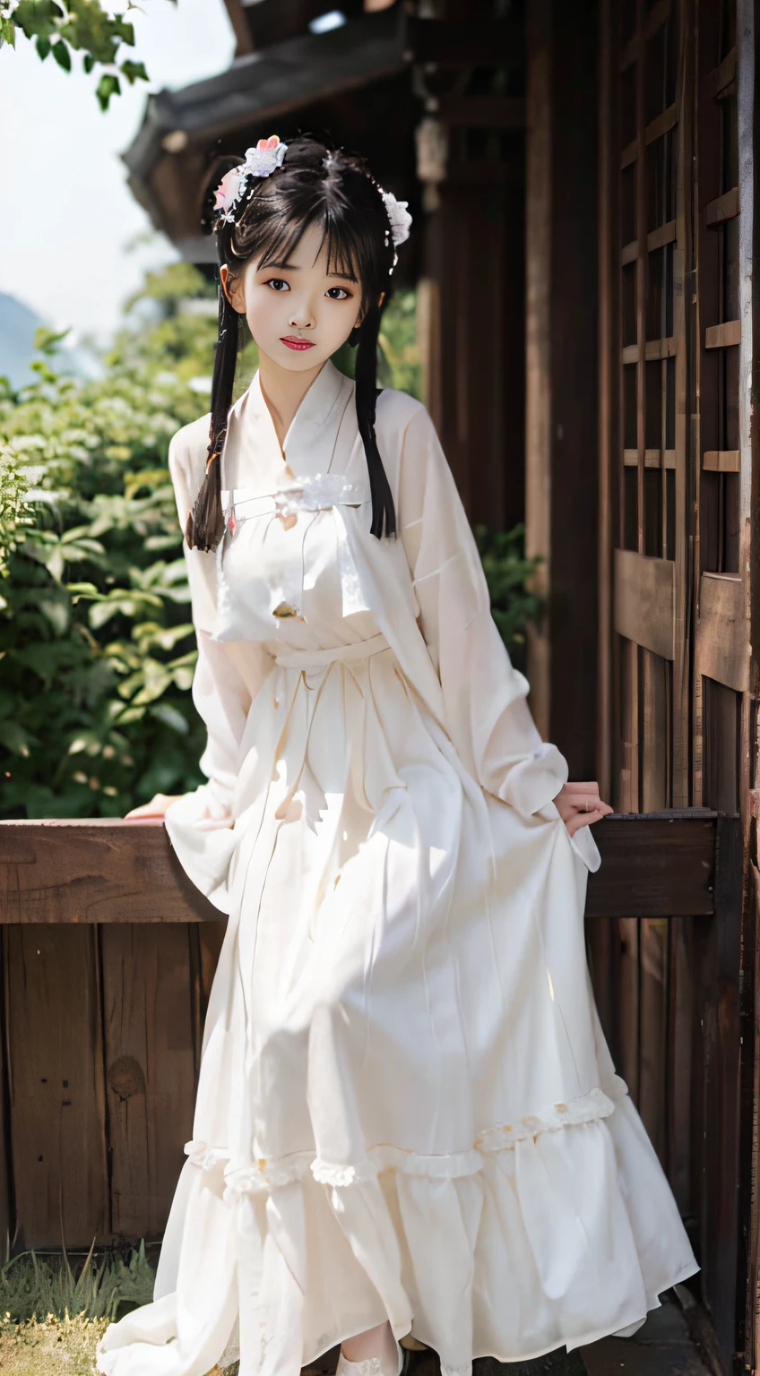 Master quality, highest quality, best picture quality, exaggerated details, a cute 8 year old asian little girl with a shy expression, slightly squinted eyes, adjusting her hair, long eyelashes (long hair / very, very exaggerated big breasts, big tits / in  petticoat dress tissue,  ), posing sit in front of the camera, wet breast hanfu  open v chest clothes, full body xianxia, high heel diamond, erotic