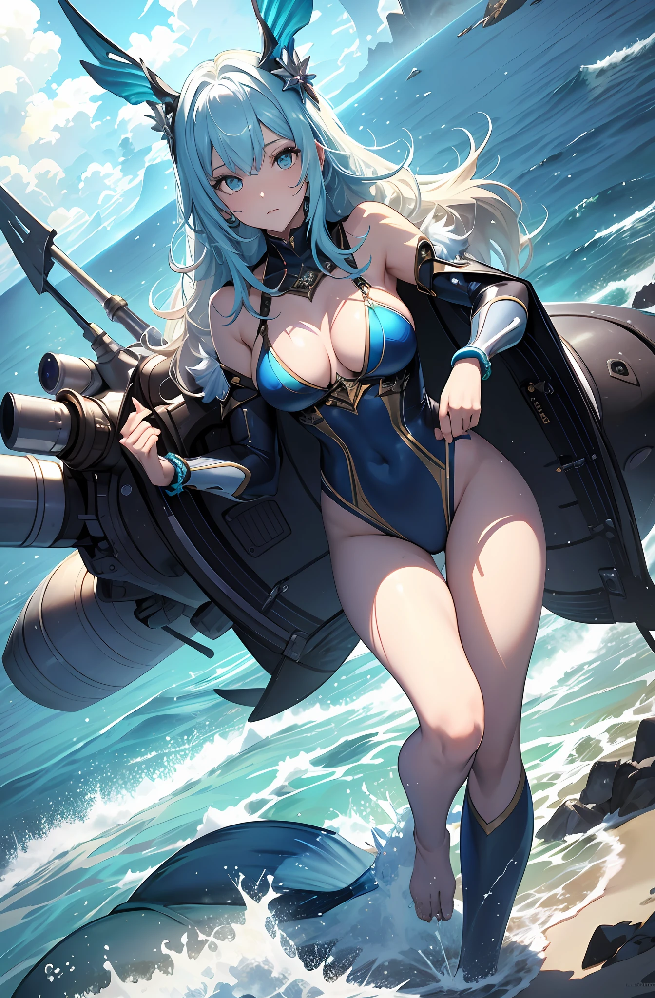 best qualityer,tmasterpiece,Ultimate resolution,downy,Extremely colorful,Colorful,Mermaid princess,cabellos largos dorados,a matural female,blue bikini,The kinky is exposed,The barefoot,the ocean,blue skinsuit,Normal posture