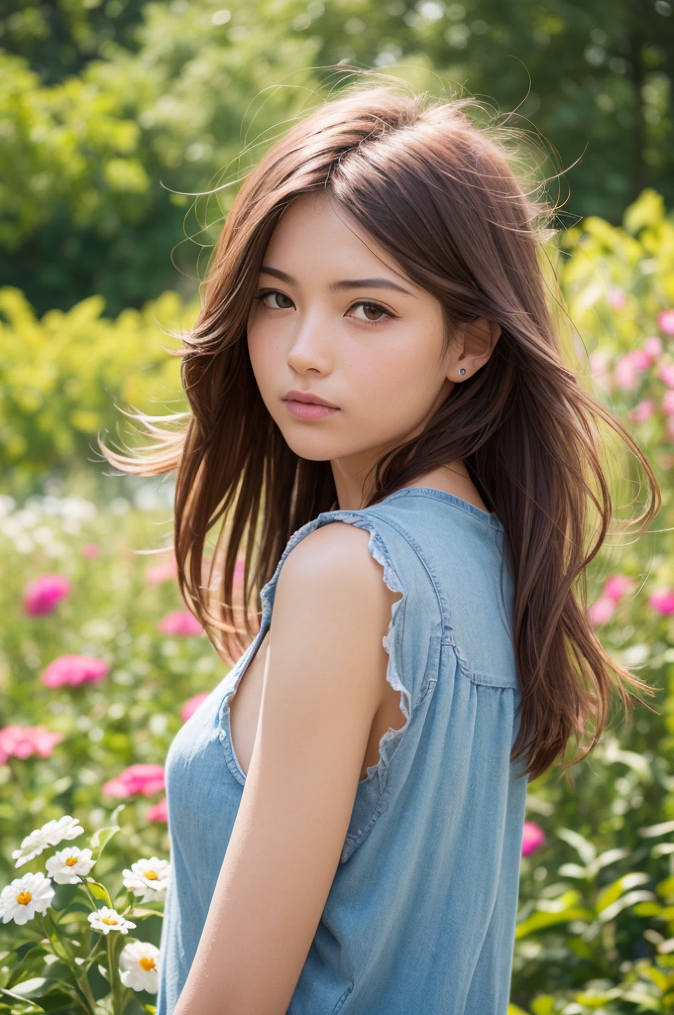 a female, hair blowing in the wind, walk in the flower garden, summer day, best quality, ultra-detailed, (photorealistic), an extremely delicate and beautiful, depth of field, film grain,