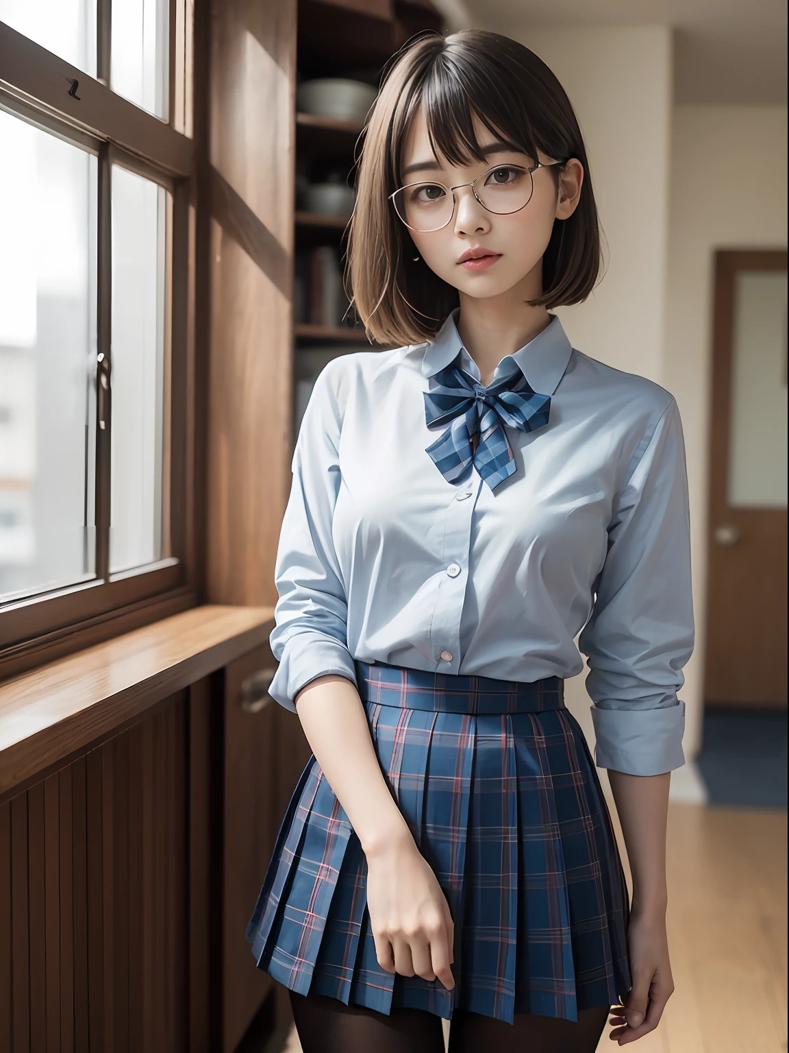 （8K、Raw photography、top-quality、​masterpiece：1.2),Erotic,Pupils,Light Blue Bra,de pele branca,kne,(Black pantyhose),absurderes,a small face,small tits,flat breast,Parting the bangs from the middle、Forehead visible,(a cold expression<Tight eyes,glares,Bullish,skinny,Rasping,irate)、​masterpiece,top-quality、超A high resolution,Raw photo,ren,Beautiful fece,One Person, 独奏,eye glass,,Dark look,Small breasts,fullllbody,Round glasses、cute little、JK school uniform,hi-school girl,A Japanese Lady,is standing,（Photorealsitic：1.37）、Photon mapping,Light blue ribbon,Realistic、Cute little face,Brown-eyed、Black socks、(Red bow tie)、Radio City、Physically Based Rendering、Foreground、depth of fields、Blurry background、a picture,The girls、Body,beauty legs, Long legs, Thin leg,Long bob cut,(Bangs are visible), hair, s lips, Blue_The eye, nosesoft,(Light blue shirt), (Navy and blue and white plaid pleated skirt), Knees are visible,Sheer clothing,, Thigh, Black cotton socks,Nogizaka Idol, 女優, Japanese ido