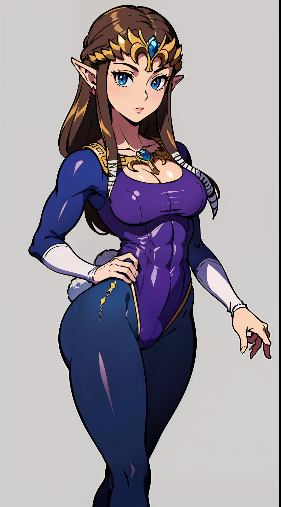 8K high quality, high accuracy, MILF, Princess Zelda, beautiful figure, beautiful face, small face, bodybuilder, muscular, twilight princess, beautiful, bright, highlights in eyes, small ears, brown hair, super big breasts, beautiful line drawing. Black bunny suit, net tights on legs, shiny outfit, depicted from head to waist, blue eyes,