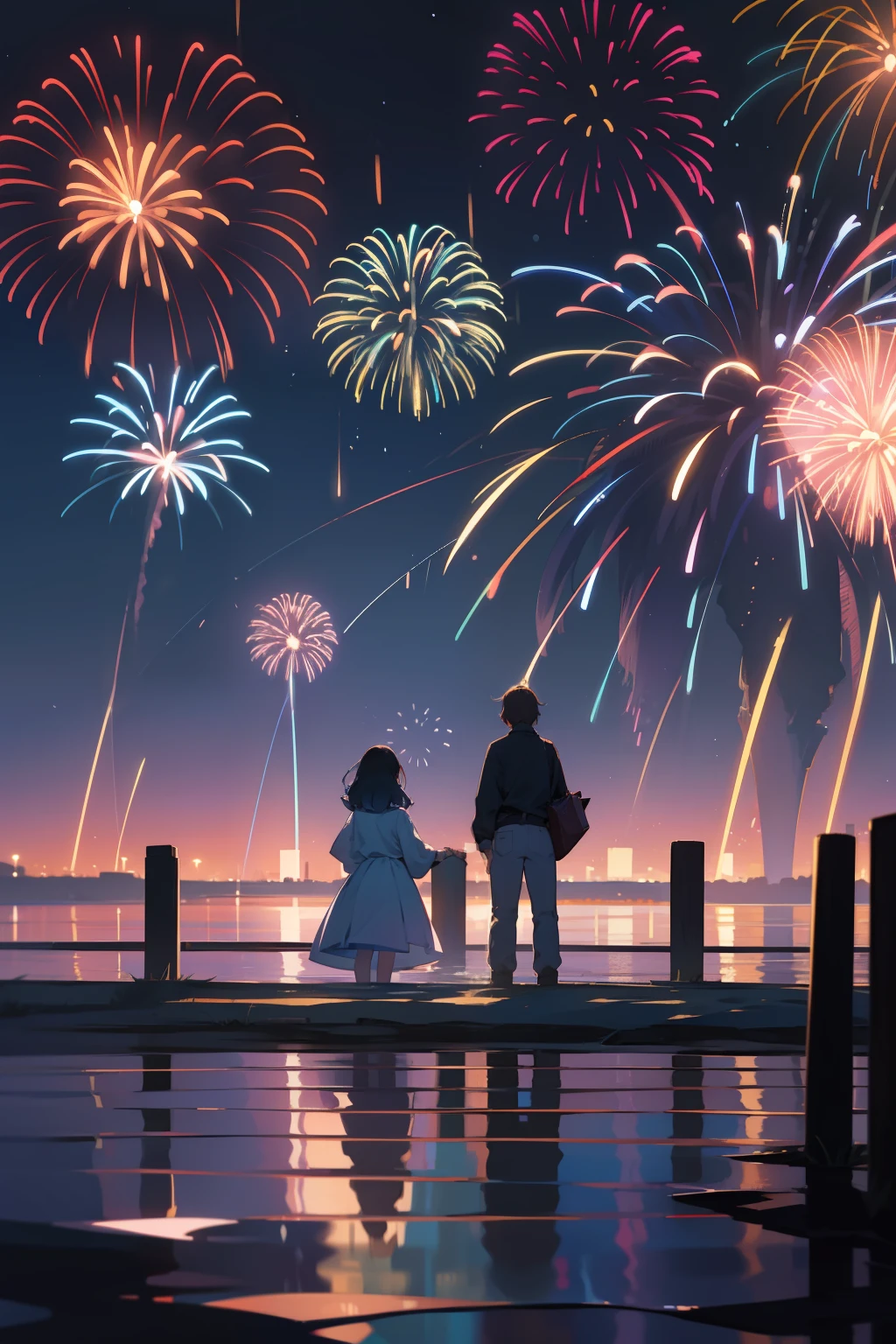 superfine illustration, Best Quality,A nostalgic and touching moment of fireworks shared with a now-deceased friend. The scene must be set at night, The vividness of fireworks in the sky, Reflected in the calm sea below. In the foreground, Two people looking up at fireworks. Their shadows are reflected on the surface of the water.But there is only one shadow reflected on the surface of the water.There is no shadow of another. The color palette is、It is necessary to highlight the dark blue and purple of the night sky, In bright and warm colors for fireworks, Creates a contrast that emphasizes both the beauty and melancholy of memories. Add a soft and blurry effect to fireworks、Invoke dreamy quality, Enhance the sense of longing and memory. The overall composition should convey a sense of longing, memory, And the bittersweet beauty of memories.