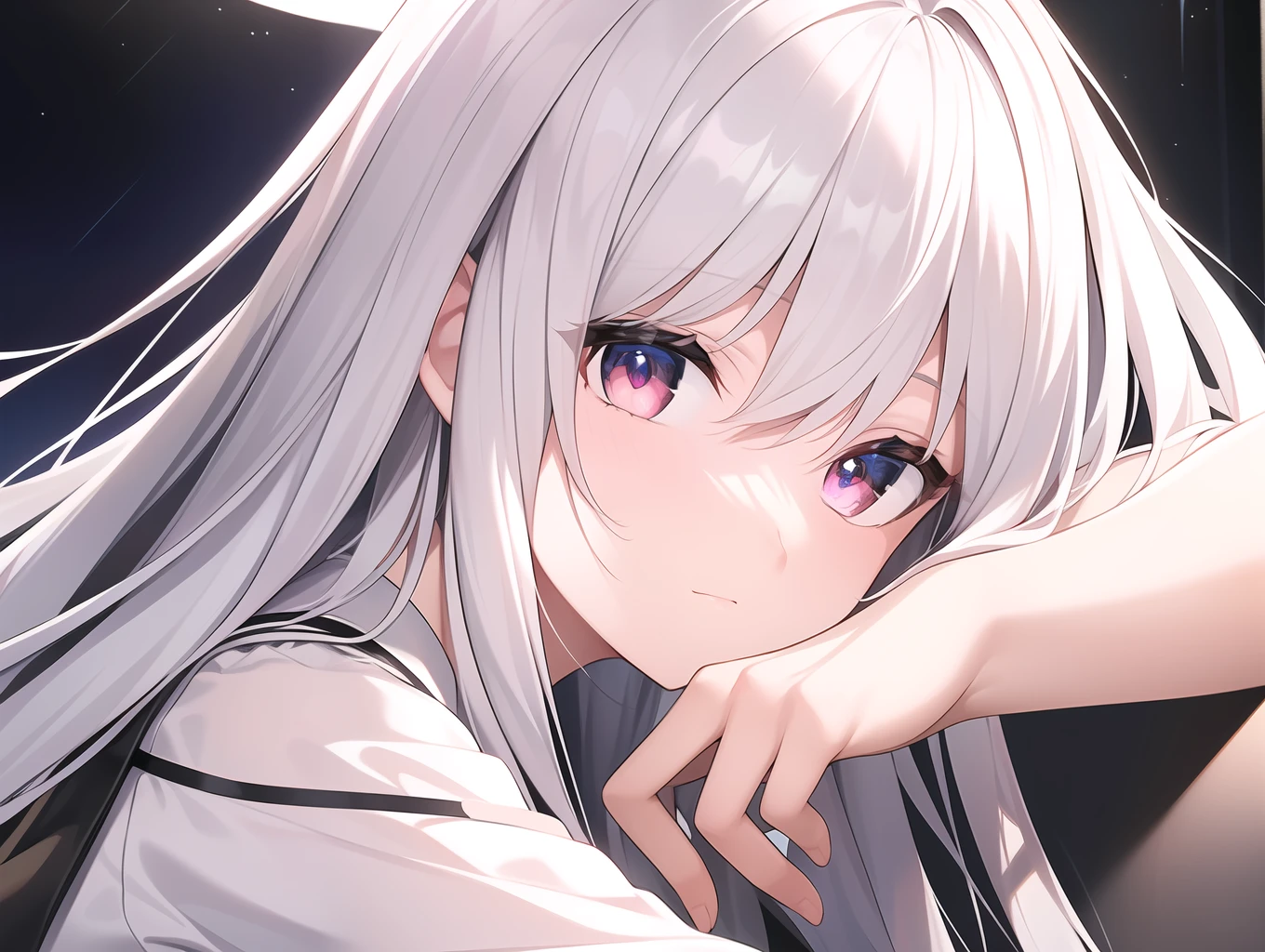 ((Masterpiece, Best quality))++, Detailed light+, Detail hair+, detail hand+ ,1girll, woman, Long hair, Crimson eyes, Beautiful eyes, Young gray hair,,(Beautiful white hair:1.5),(Beautiful detailed eyes), high resolution+, blacksilk , a black skirt, Glass tones, Reflective eyes, ((Halo)), {{Angle}} , extremelydetailedwallpaper, Original, ,