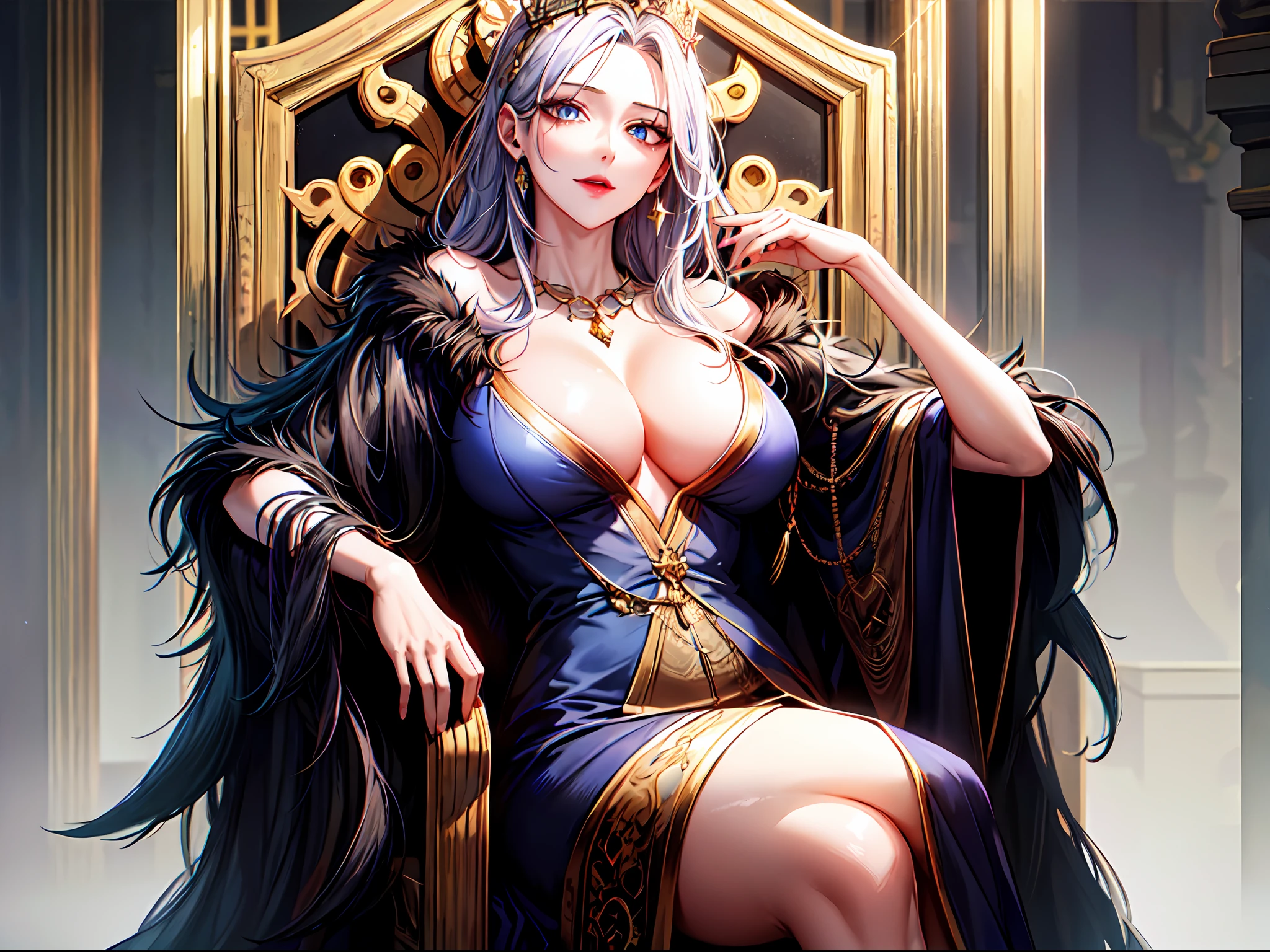 fantasy-style, 1girl, solo, masterpiece, best quality, detailed face, perfect face, perfect eyes, big eyes, ganrealistic eyes, makeup, evil smile, long eyelashes, looking at viewer, big breast, cleavage, golden, jewelry, shiny skin, (mature female, large breasts:1.3), realistic, royal, queen, tiara, fantasy, crown, throne, robe, fur, (crossed legs),