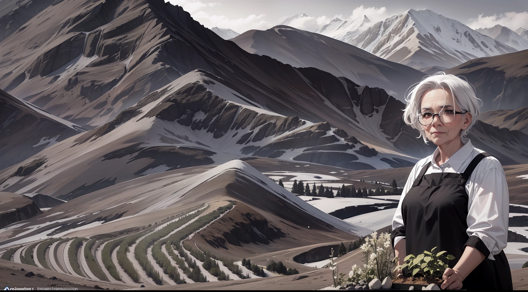 Old woman, casual dress, black and white hair, brown eyes, mountain background, vegetable planting pose, (4k)