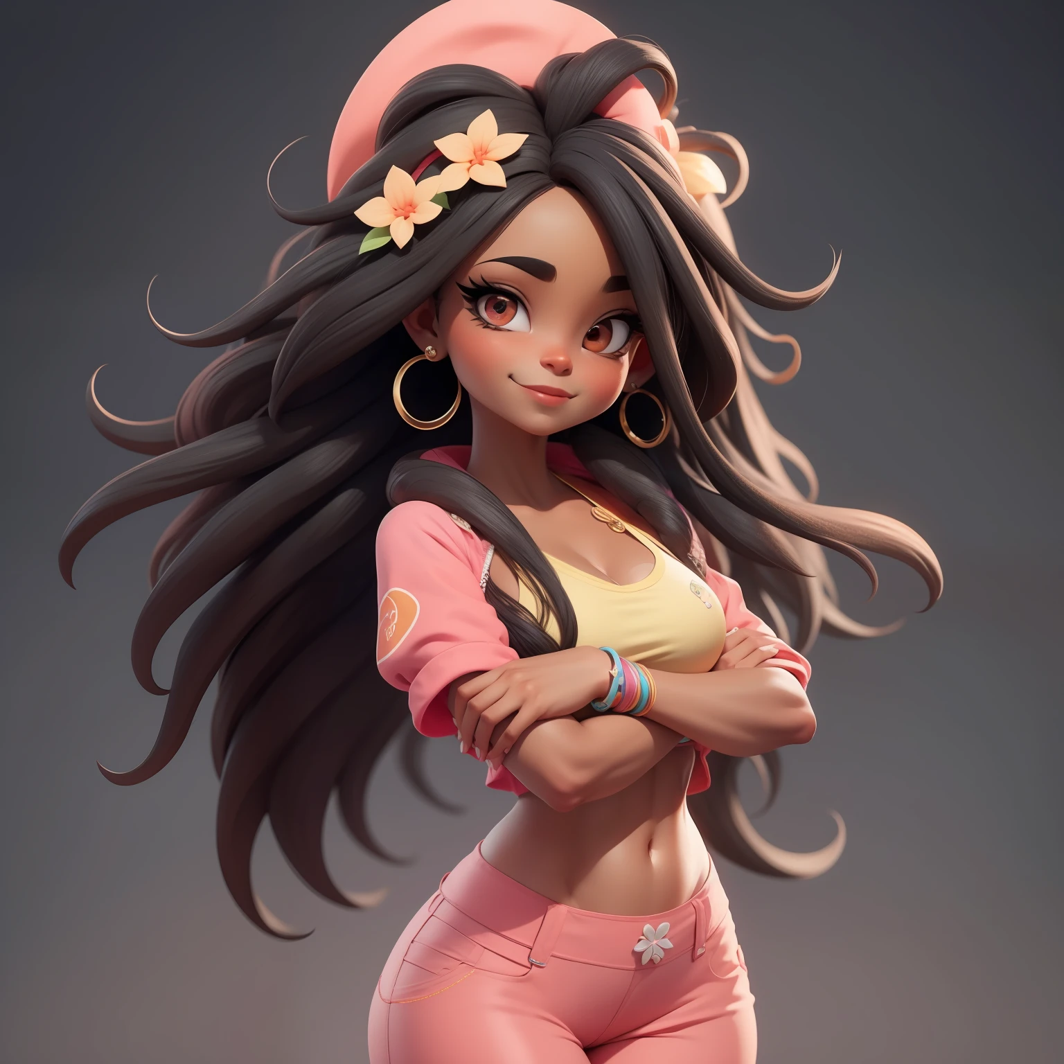 uma garota negra fofa super bonito, corpo inteiro, Hair Accessories, presos, Coloridos, dread's, olhos delicados, sorrindo, roupas leves e detalhadas, clean background and bright 3D rendering, OC rendering, 8k, Foco suave, fino Glossysuper detalhe --ar 3:6 50 --q 2 --niji 5 --estilo expressivo --s 2