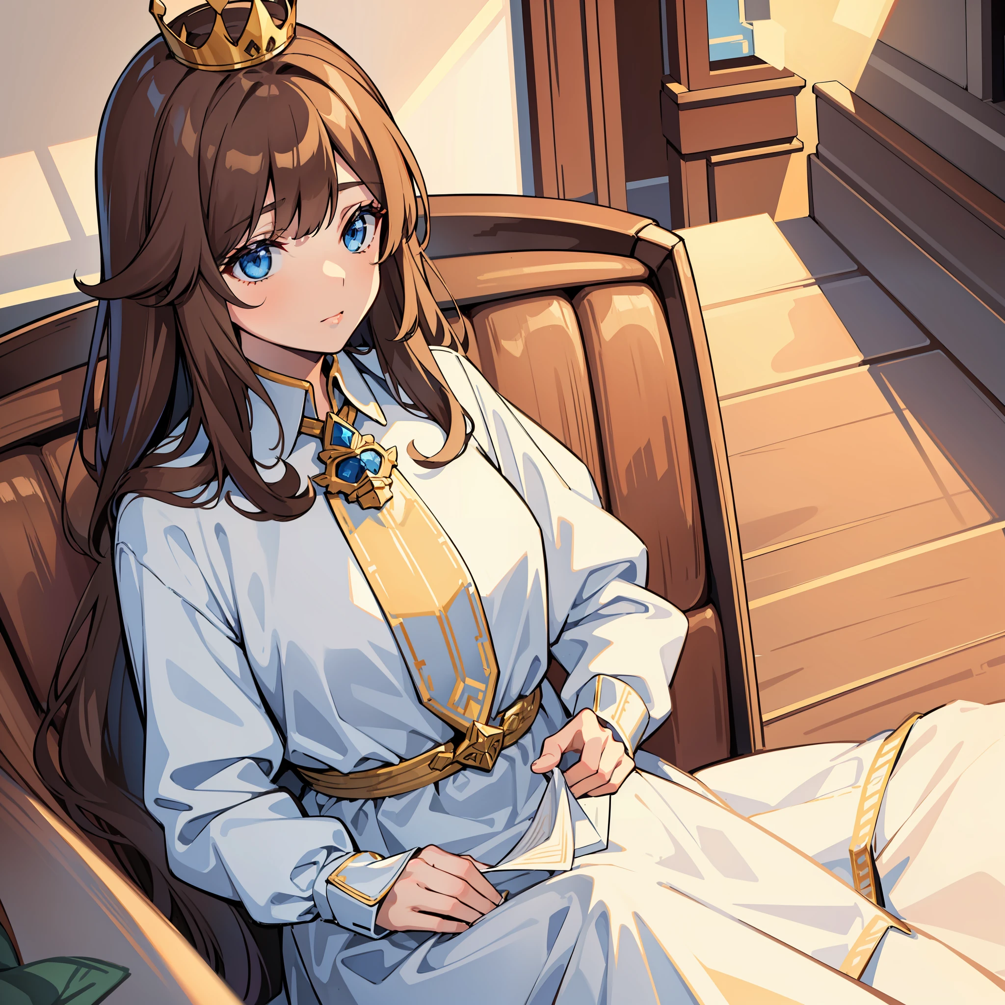 "({Long brown hair with bangs swept to the right: 1.2}) blue eyes, best quality, masterpiece, regal white dress, golden crown"
