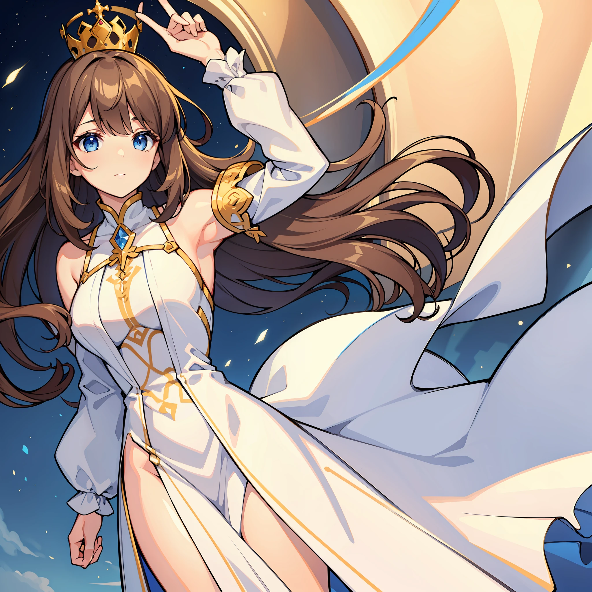 "({Long brown hair with bangs swept to the right: 1.2}) blue eyes, best quality, masterpiece, regal white dress, golden crown"