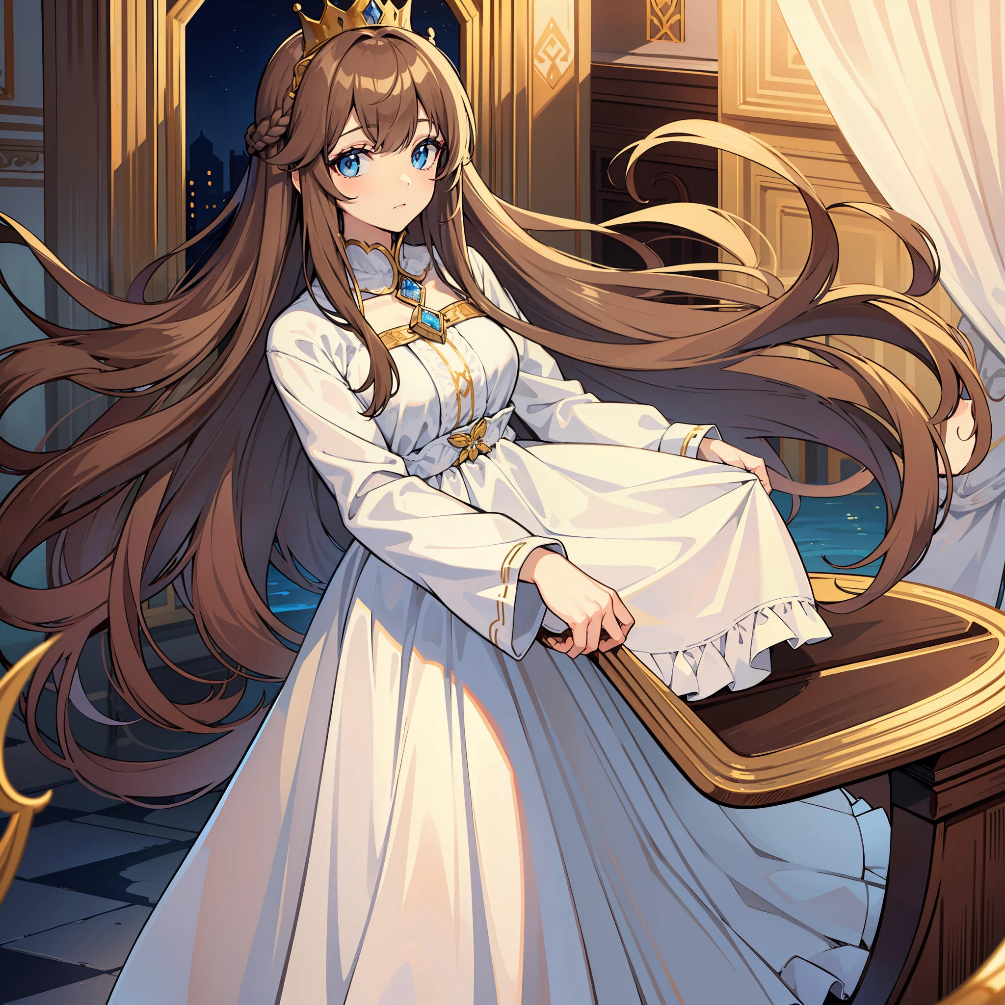 "({Long brown hair with bangs swept to the right: 1.2}) blue eyes, best quality, masterpiece, regal white dress, golden crown"