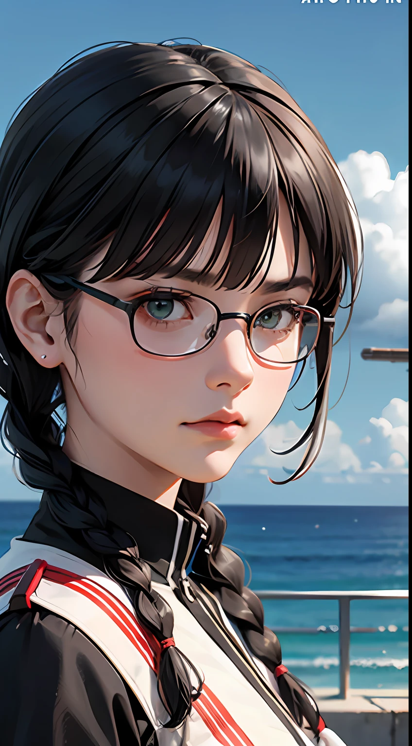 Movie Poster,((Braid Hairstyle : 1.5)),Anime Reference 86 ,Science Fiction,Sci-Fi,Movies,War Action Movies,Space,Atmosphere,Sky,Battleship,Multiple Characters,Women,Adults,Green Eyes,Black Hair,(Pia bangs hairstyle) : 1.8 ),(Red Glasses),General Uniform,White Commander Uniform,Serious Face Frowning,Realistic Face Detail,Realism,3D Face,