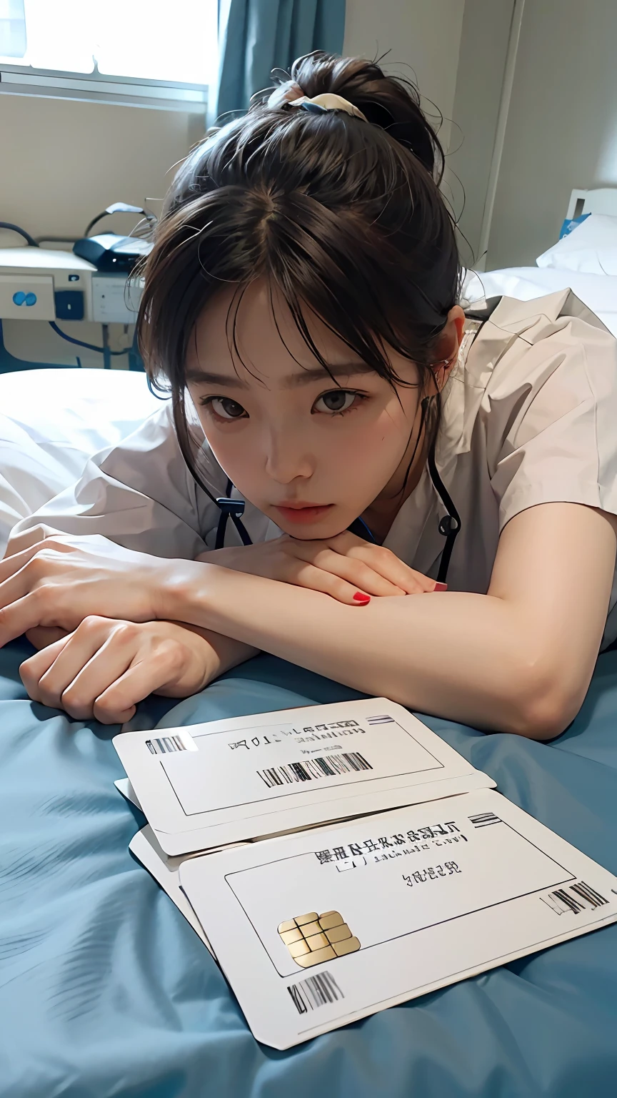 A woman lies on a hospital room，Looks weak。On the table next to the hospital bed was a letter and a credit card。