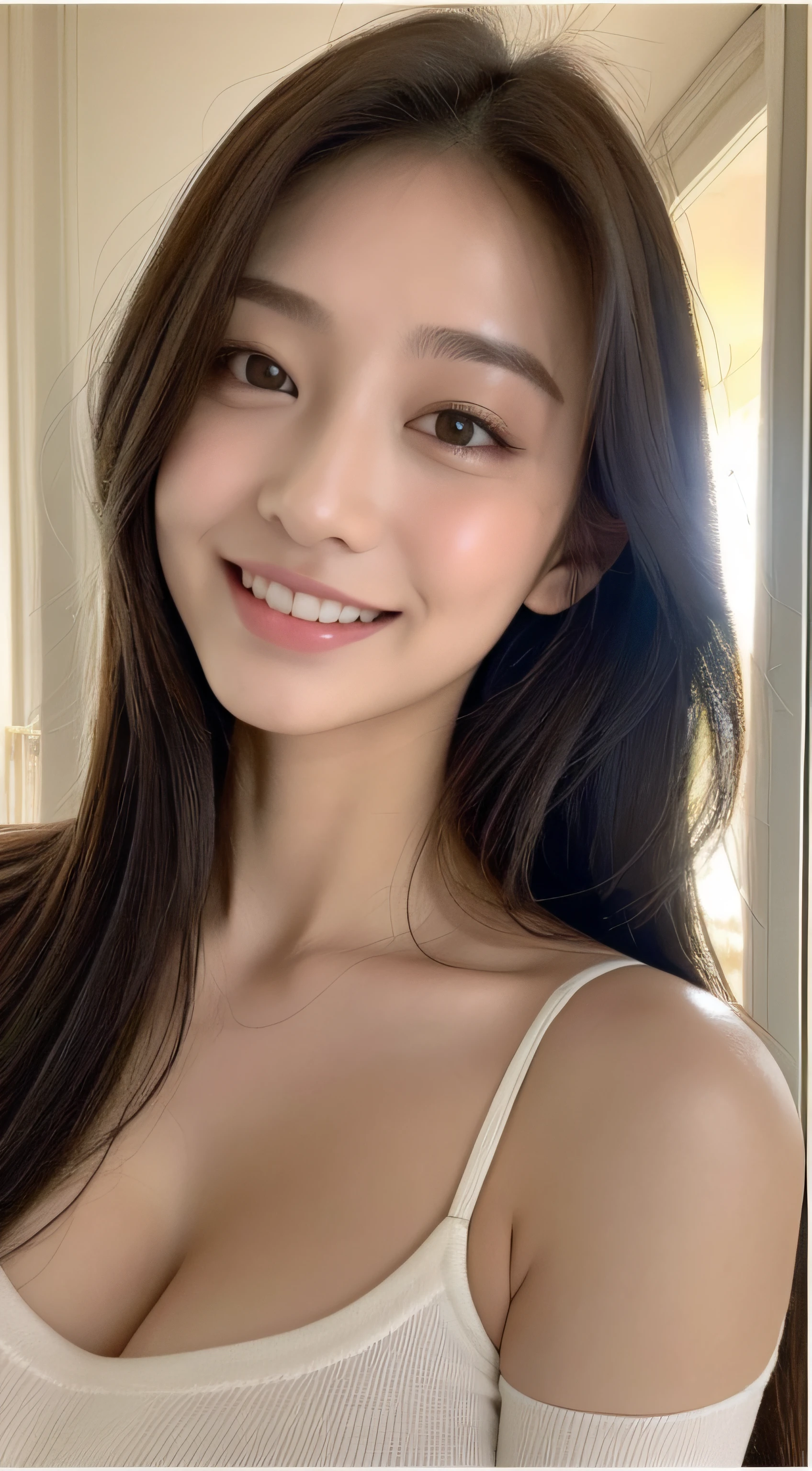 ((Realistic light、Top image quality、8K、​masterpiece:1.3))、1girl in、Slim figure beauty:1.4、Brown hair、((Colossal tits:1.3))、Off-shoulder cut top:1.3、Super Detailed Face、detailedeyes、二重まぶた、A smile、cleavage of the breast、((Beautie))、When my morning hair is a mess、I'm hot, doress、Shot in front of the Parthenon