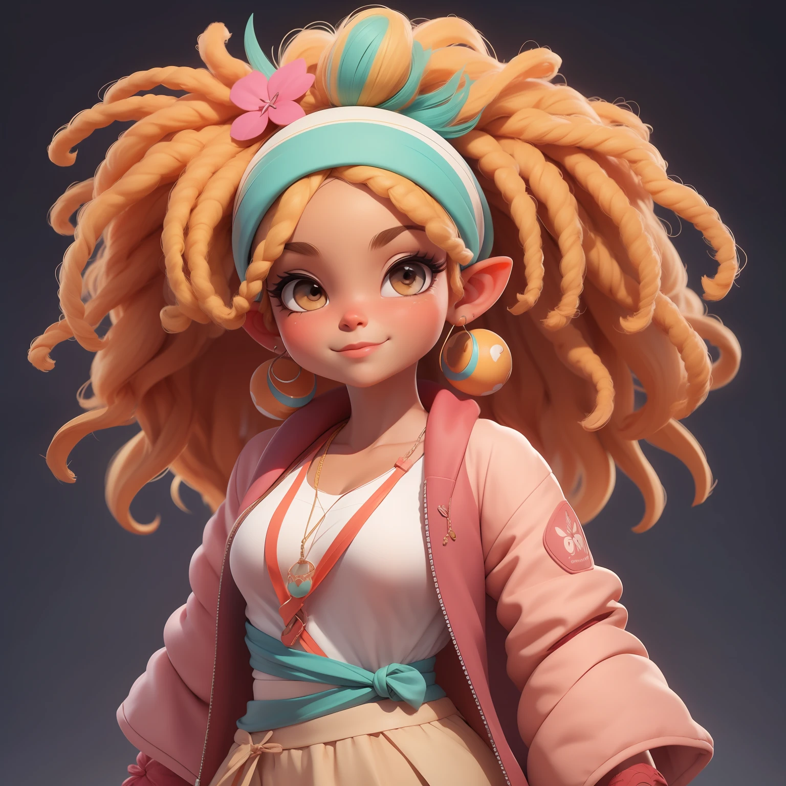 uma garota fofa super bonito, corpo inteiro, Hair Accessories, presos, Coloridos afro, dread's, olhos delicados, sorrindo, roupas leves e detalhadas, clean background and bright 3D rendering, OC rendering, 8k, Foco suave, fino Glossysuper detalhe --ar 3:6 50 --q 2 --niji 5 --estilo expressivo --s 2