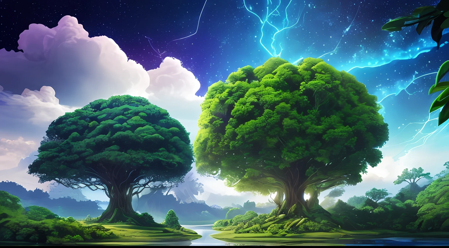Illustration of a surreal, otherworldly, hyper sky scene including a giant crystal tree full body, highly detailed and magical lighting, intricate forest details, vegetation and surrounding river, solar punk, landscape, giant tree , beautiful green leaves, beautiful lighting and realistic proportions, as if this is a movie background, 8k, highest quality, masterpiece, clouds and stars in the sky.