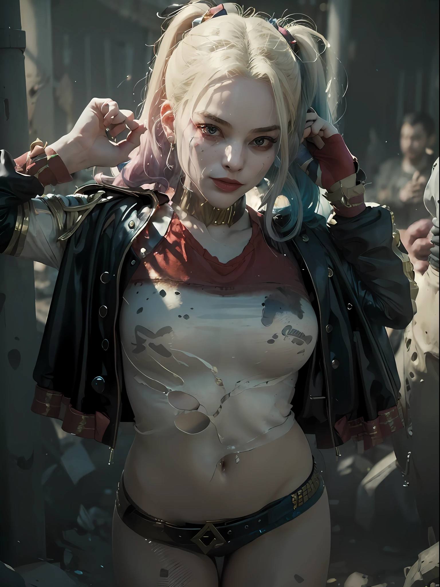 (masterpiece, best quality:1.4), (on an old road bar), (full body), (from front), 1girl, solo, looking at viewer, marg0tH4rl3y, r3d4ndblu3, black and gold dress, highly detailed face, highly detailed skin, skin pores, subsurface scattering, realistic pupils, medium breast, full face blush, full lips, detailed background, depth of field, volumetric lighting, sharp focus, absurdres, realistic proportions, good anatomy, (realistic, hyperrealistic:1.4), 16k hdr,