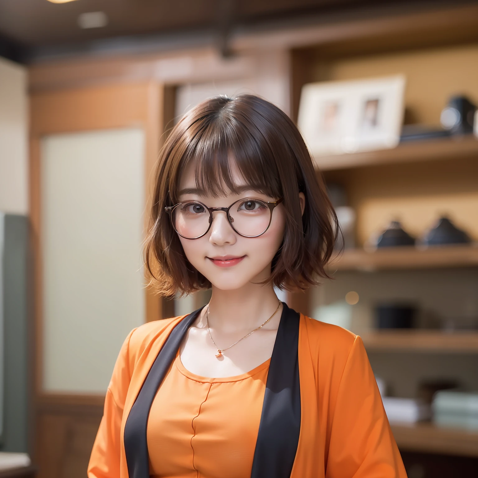 (top-quality、8k、32k、masterpiece、UHD:1.2)、Photo of a cute Japanese woman、Red round glasses、extra very short hair、curly brown hair、a smile、uhd image、The upper part of the body、(orange colored suit:1.1)、white t-shirts、Teaching study
