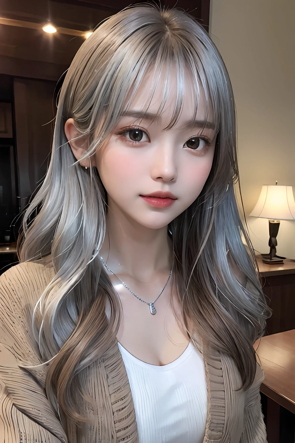 ((3女の子:1.3)),Light Brown Fringe Hair、disheveled hair、Light brown eyes、(dignified expression)、((Casual summer clothes))、(爆乳:1.4)、Emphasize the valley、(Photorealsitic)、(intricate detailes:1.2)、(​masterpiece、:1.3)、(top-quality:1.4)、(超A high resolution:1.2)、超A high resolution、(A detailed eye)、(detailed facial features)、((Silver necklace))、Luxury Night Bar