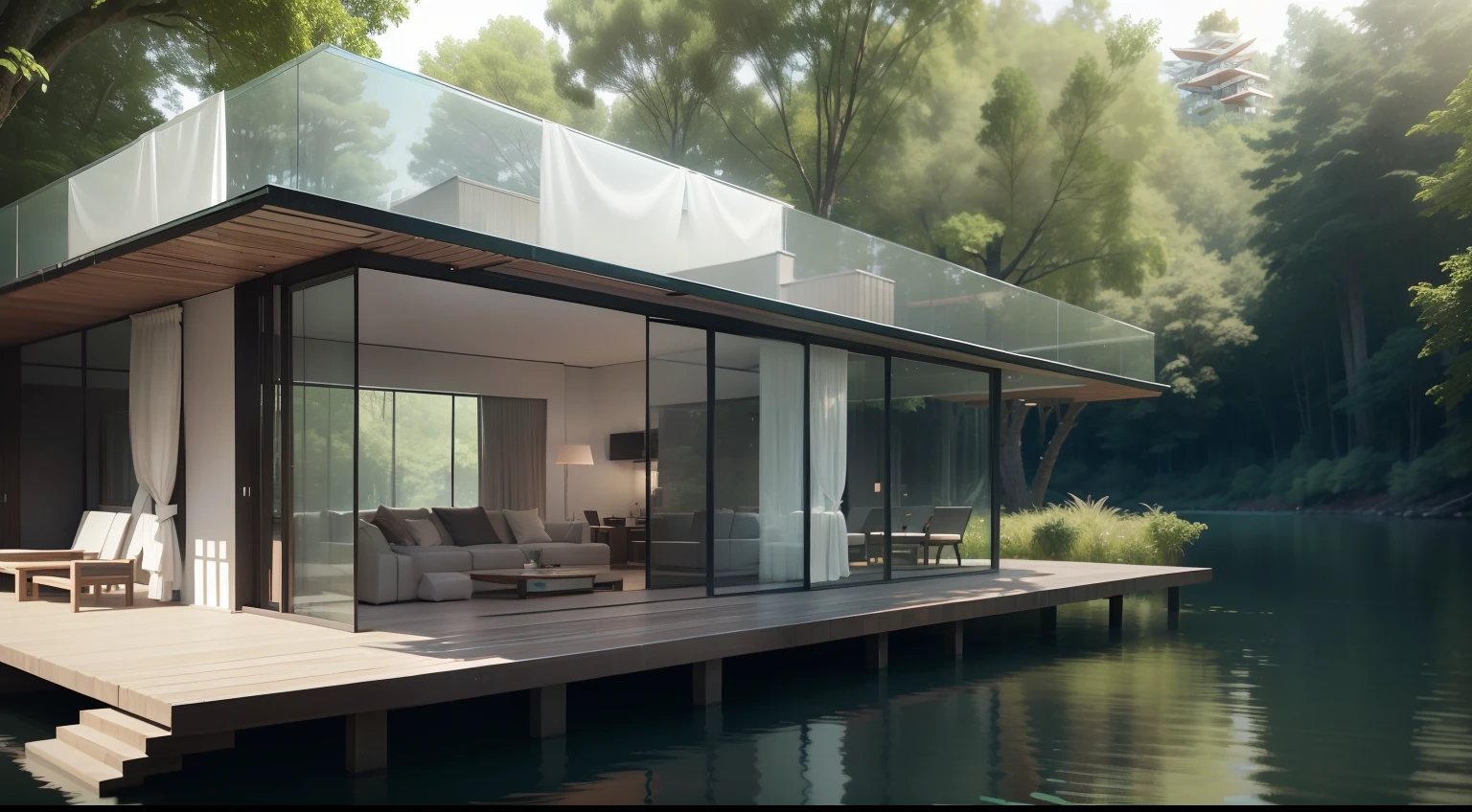 On an island in a river surrounded by trees,A modern glass house, Glass structure,Floor-to-ceiling windows,Floating villa, build in a forest near of a lake, Floating island, concept house,architectural 3 d render, archviz, archviz, highly photographic render, award winning render, oktane render, precise architectural rendering, an award winning digital render