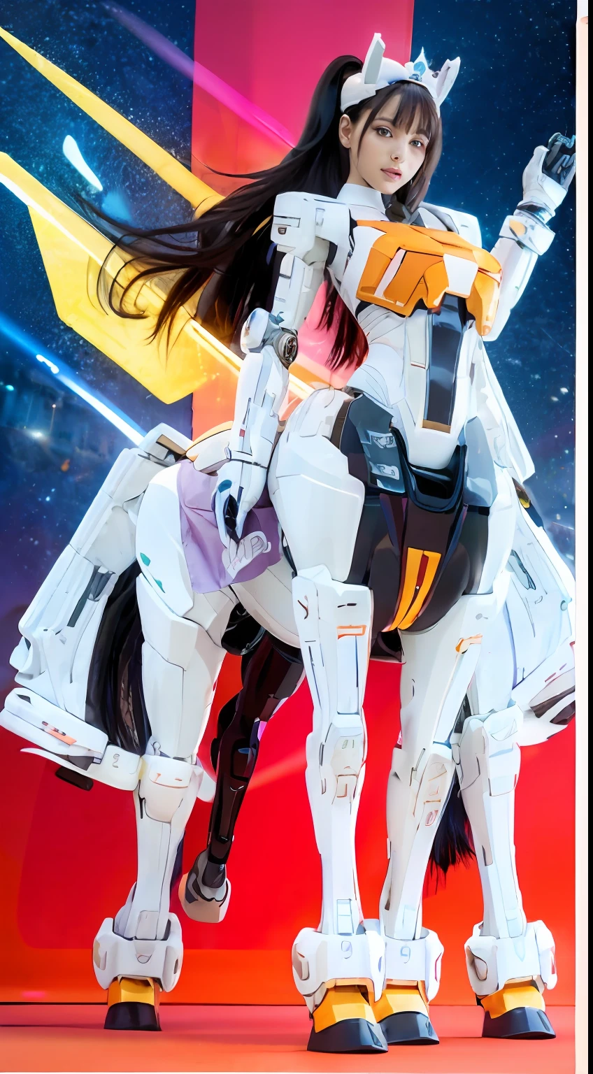 A female centaur，She is famous in the multiverse，She is both a female centaur, half human, half horse, half horse，It is also a female Yingzhao。She blends both images，The first is the head of a horse/neck/Shoulder these parts，After feminization，The upper body transforms into a beautiful female human，Female, half-centaur, half-human, half-horse, half-human，The second is the waist of the horse/hason/gluteal/Legs feminine，Female half-horse with beautiful woman's，Chimer，It's like a female human wearing a half-horse-like costume and making a seamless chimera，This chimerization is based on powerful futuristic technology。The ultra-wide-angle lens captures the image of her sleek and ethereal wings charging and leaping on the ionosphere。Her front half is distinctly feminine，Tall sexy body，Has K cup teardrop-shaped giant tit chest，It has a small man's waist butterfly spanning long legs，The half-horse part of the hind body，Embedded interface in the front half of the body hip position。The horse-shaped, half-horse torso form of her back body is completely female and humanized。A sexy bent dog-style shaped ribcage embedded in the lower back position of the beautiful woman's body from the upper end of the sternum/lower back/Ventral transverse。Then there are the sexy beauty's upright hips，Her entire body has been completely feminized，Including the half-horse part。Mechanized armor covers the legs with knee-shaped anti-joints and feet，And these parts are highly anthropomorphic，This makes her legs graceful and slender，Her four horse legs exploded in length proportions and was slender and toned，Under the legs are skinny white feet dressed in Skyscraper Heels，Use Midjourney's advanced stroke tools and color palettes, as well as texture packs, model packs, and texture tools，Concentration，Femaleize all parts of her original equine physiologic appearance，And give these parts an ergonomic appearance，Fine treatment of the thoracic and abdominal cavity of the posterior body，As well as hips and