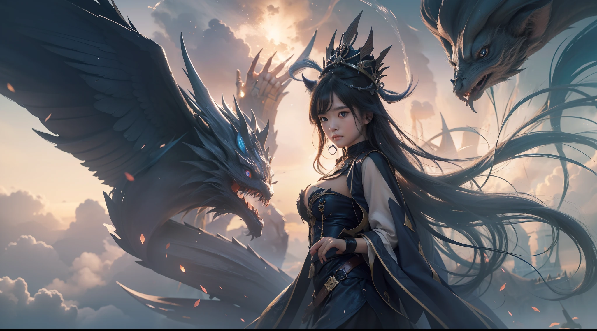 Above the rising clouds,Night, Dark, (Fantasy),infinite,deep blue sky,The abyss of knowledge,Cowledge,((masutepiece)), (((Best Quality))),((Beautiful fine eyes)),(Eye lashes)、Realistic clouds、Very beautiful face、The ultra -The high-definition、high fantasy castle、Beautiful girl with a huge golem、(女の子1人)、Black hair、The long-haired、abyss eyes、glowy skin、oils、small tits、Perfect human body structure、Wizard robes、der riese、tattered cloth、Realistic coat、Teenchi、Super delicate CG Unity 32k wallpaper、photoRealstic、​masterpiece, ((ultra-detailliert)), ((illustratio)),colourfull,wall-paper,The energy,Unknown terror,Incomprehensible,Around the magic,Magical surroundings,magic wands,Boken,Flying pages,Know everything,Predict the future、Get to know the past、Infinite wisdom、blue flames、Warlock、magic circles、Pentagram、Spells、mantra、Singing magic