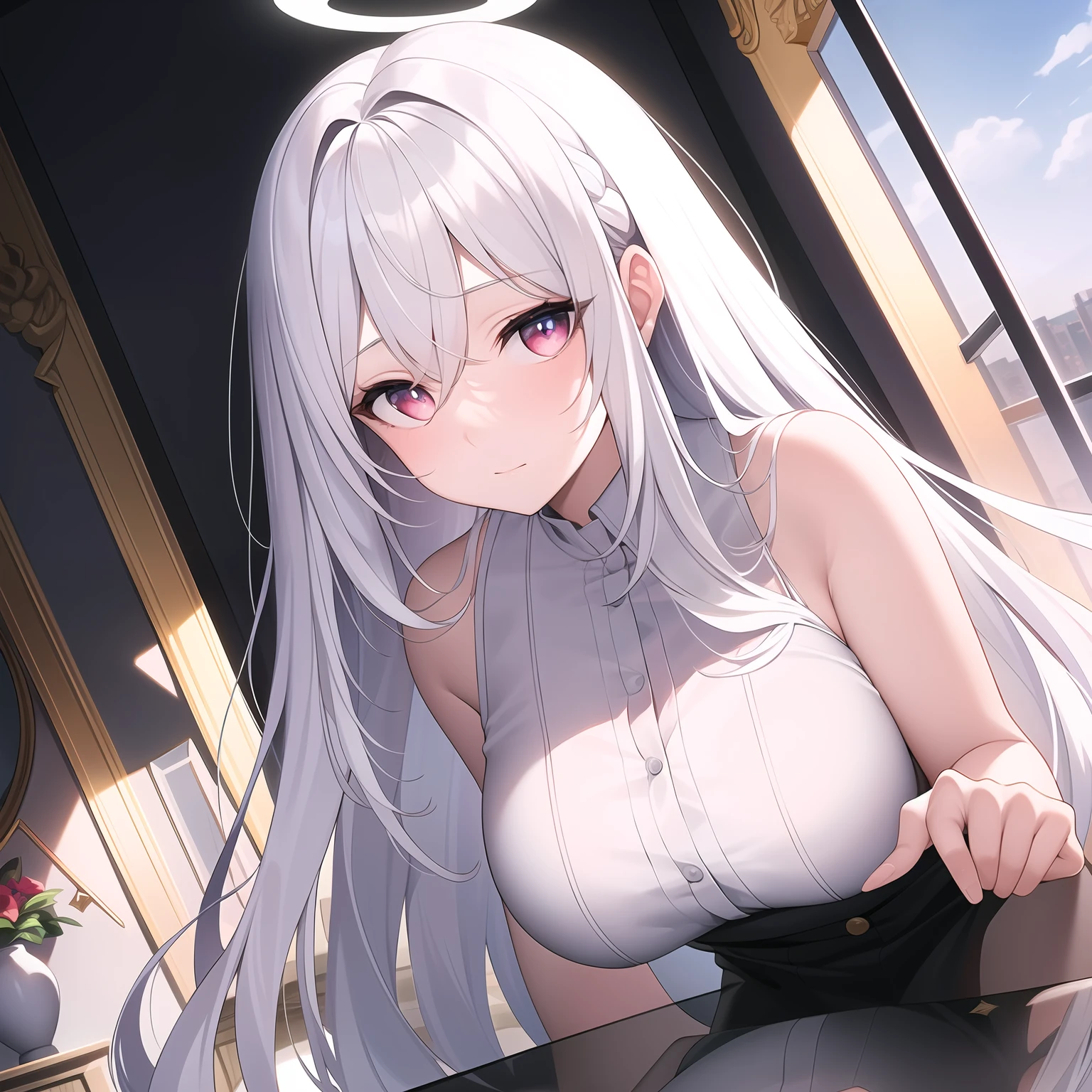 ((Masterpiece, Best quality))++, Detailed light+,  Detail hair+, detail hand+ ,1girll, woman, Long hair,   Crimson eyes,  Beautiful eyes, Young gray hair,,(Beautiful white hair:1.5),(Beautiful detailed eyes),    high resolution+,   blacksilk  ， a black skirt, Glass tones, Reflective eyes, ((Halo)),  {{Angle}} , extremelydetailedwallpaper, Original, ,