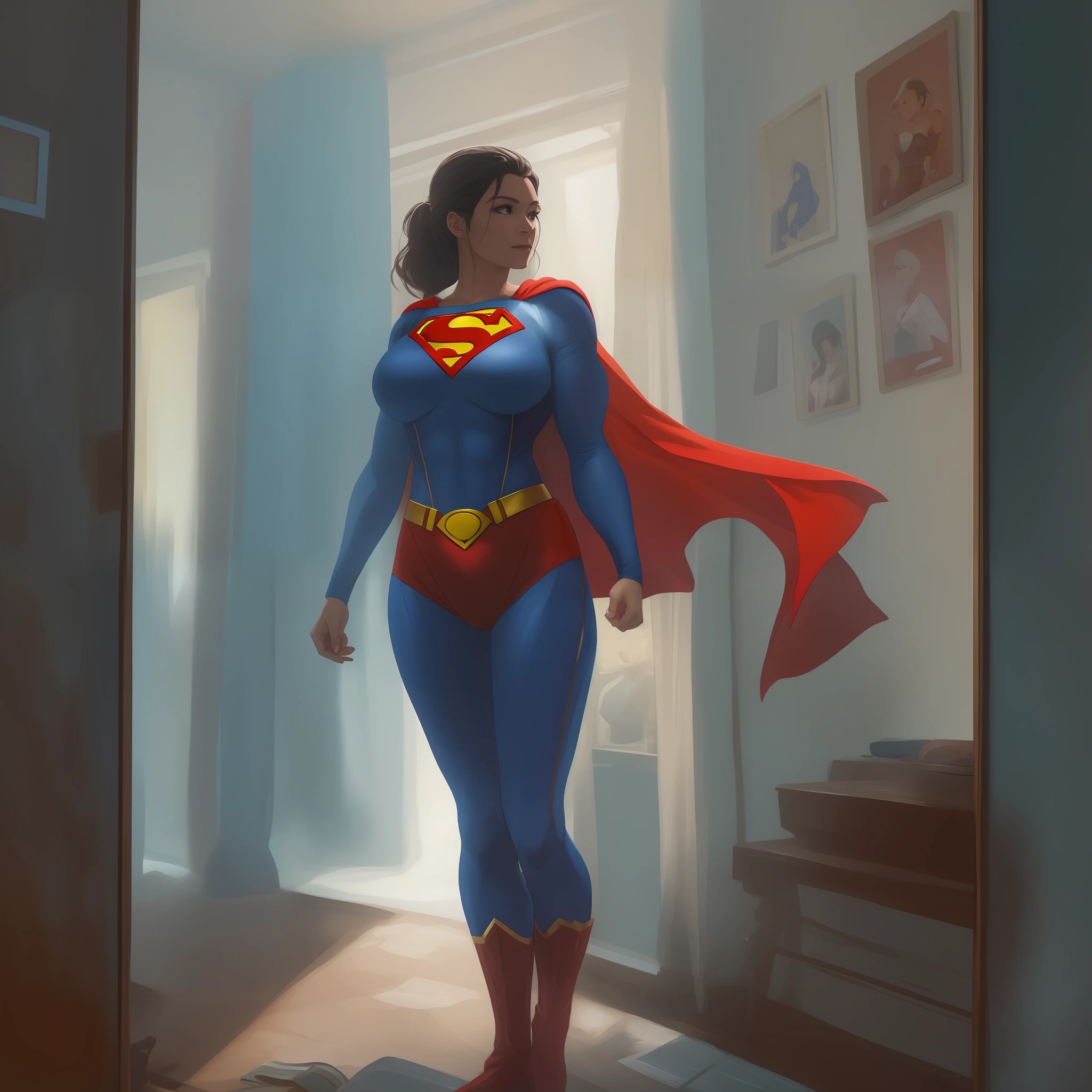 Tabith gazes at the costume, feeling a connection to the hero she admires. She hesitates for a moment, contemplating the decision before her. With a determined smile, she unfolds the costume, ready to embrace her destiny. Tabith steps in front of a mirror, holding the Superman costume against her body. She pauses, studying her reflection, imagining the possibilities that lie ahead. TABITH (whispering to herself) Maybe I can be more than just a scientist. Maybe I can be a hero. With newfound determination, Tabith begins to change into the Superman costume. She slips her legs into the blue suit, tugging it up. Next, she slides her arms through the red sleeves and pulls the cape around her shoulders. forming extremly large boobs and muscles.