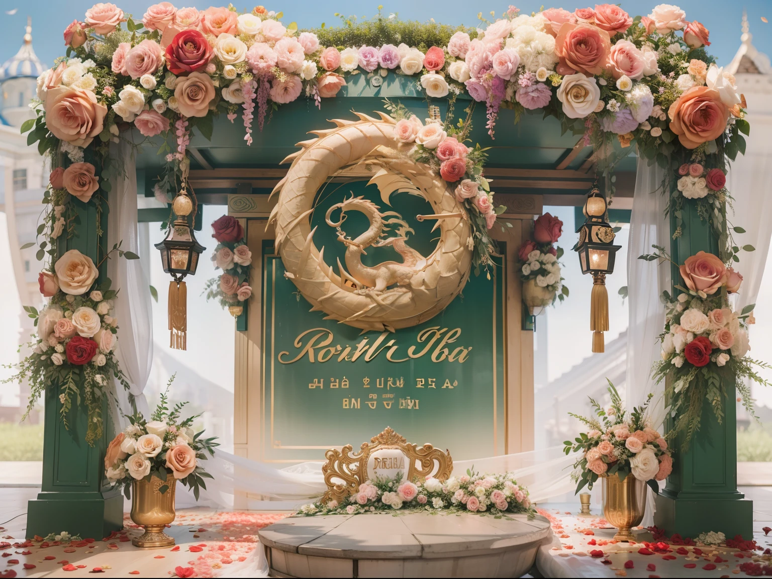 Wedding decoration ,style viet nam( color, There are roses, Bride nameplate Russian name root root name Hung). Banquet gate with dragon worship