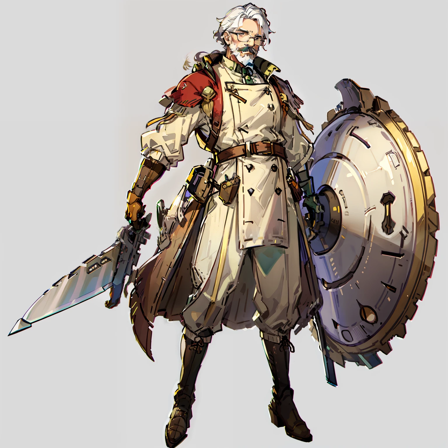 forerunner, Grandpa, No background, White background, White hair, Full body shot, long boots, hickory, Short hair, mustache, Wide pants,  Brown and green dresses, Glasses, hunchback, knife