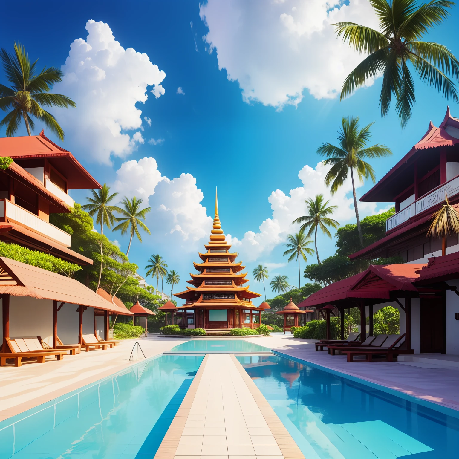 Hindu big city, vacation resort, tropical island, sunny, anime style, hindu aesthetics