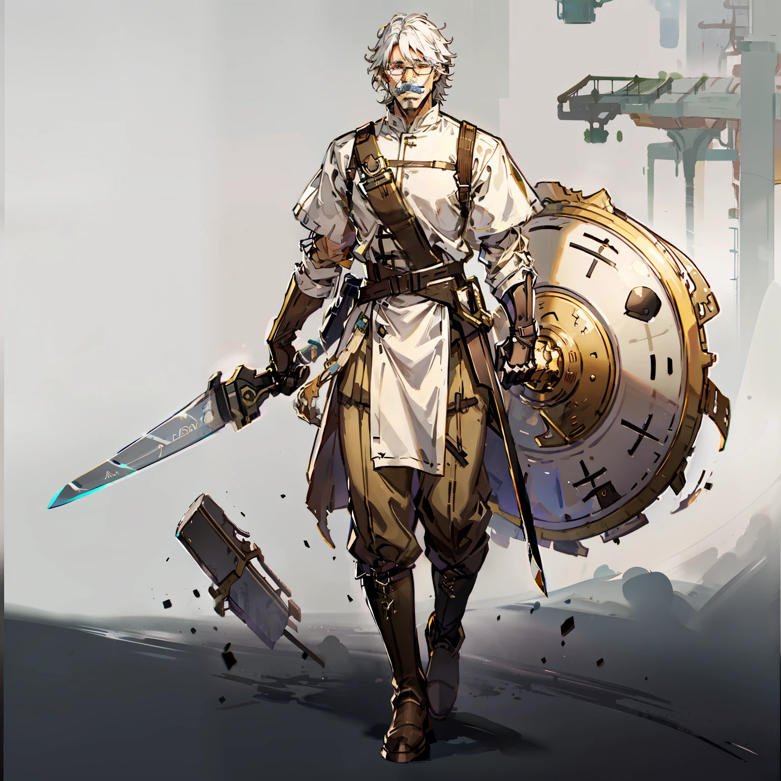 forerunner, Grandpa, No background, White background, White hair, Full body shot, long boots, hickory, Short hair, mustache, Wide pants, Brown and green dresses, Glasses, hunchback, knife