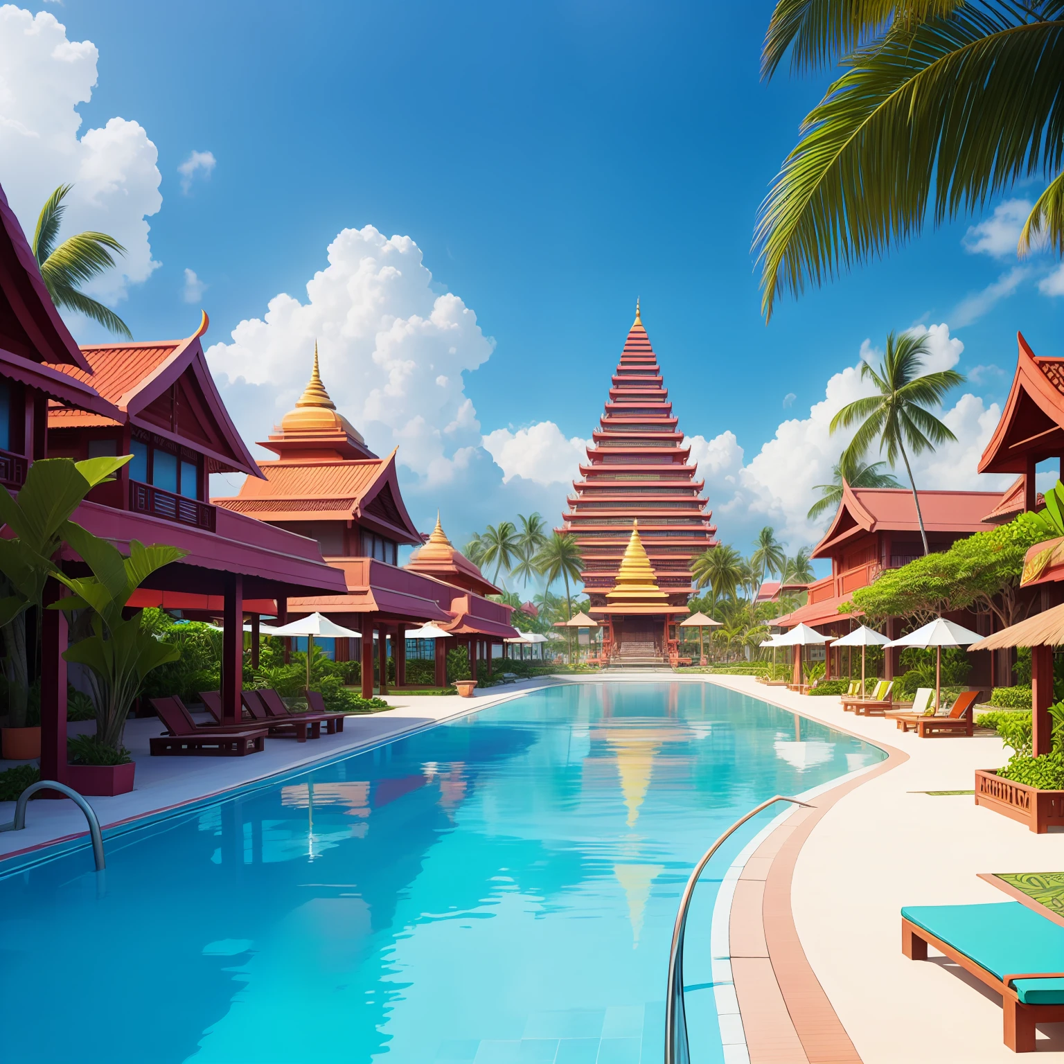 Hindu big city, vacation resort, tropical island, sunny, anime style, hindu aesthetics