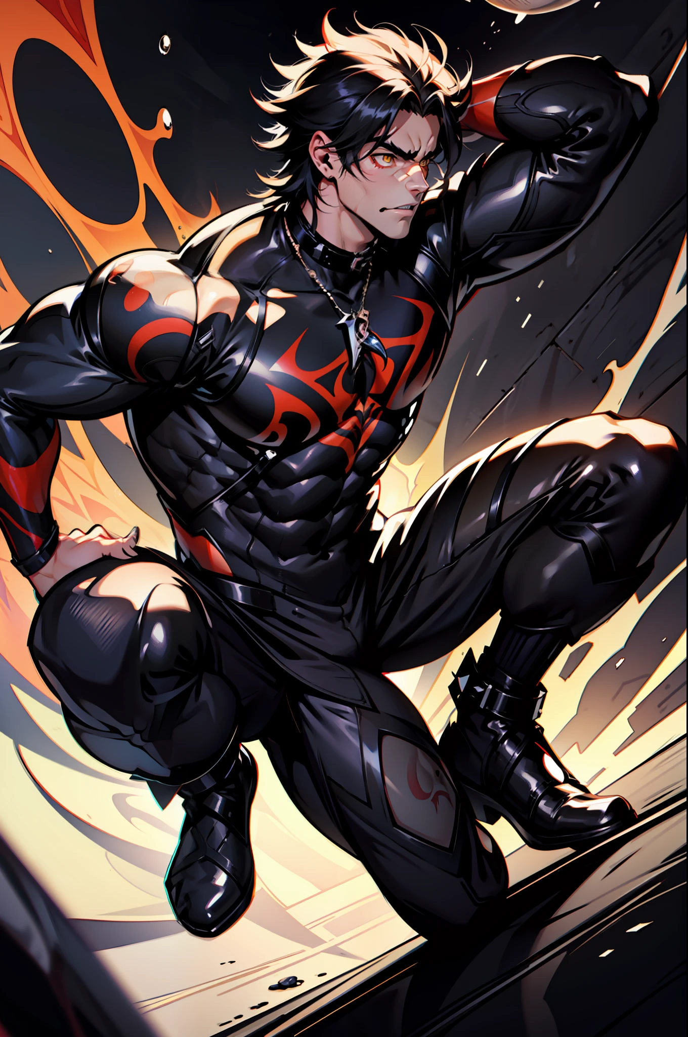 《the original god》Arataki Kazuto , male people，brunette color hair， chest muscle，（（ Sexy ））, Venom symbiote for your body, Black mucus of the body , into venom, （venomize），Black bodysuit，（Cloak），Red cape，Abs，（Adult male）（（Venom possession，venom symbiote）），struggling，Battle damage，((Masterpiece)), ((Best quality)), Ultra detailed,((illustration)), Dynamic Angle, Detailed light, (Delicate eyes), Floating, 1boy, Male focus, Head, Clothing, Yellow eyes, necklace, tattoo, (Forehead:0.8), (ahoge:0.8), jewelry, brunette color hair,apathy，Ray， chest muscle， Sexy , Venom symbiote for your body, Black mucus of the body , （into venom）, Venom，frontage，Bust photo，White tight-fitting top，spiderman outfit，style of anime4 K， 4K anime wallpaper， Badass anime 8 K， 4 k comic wallpaper， young anime man， Anime boys， Anime wallpapers 4 k， Anime wallpaper 4K， High quality anime art style， Anime moe art style， Anime art wallpaper 8 K， Anime art wallpaper 4 K， RGB lighting