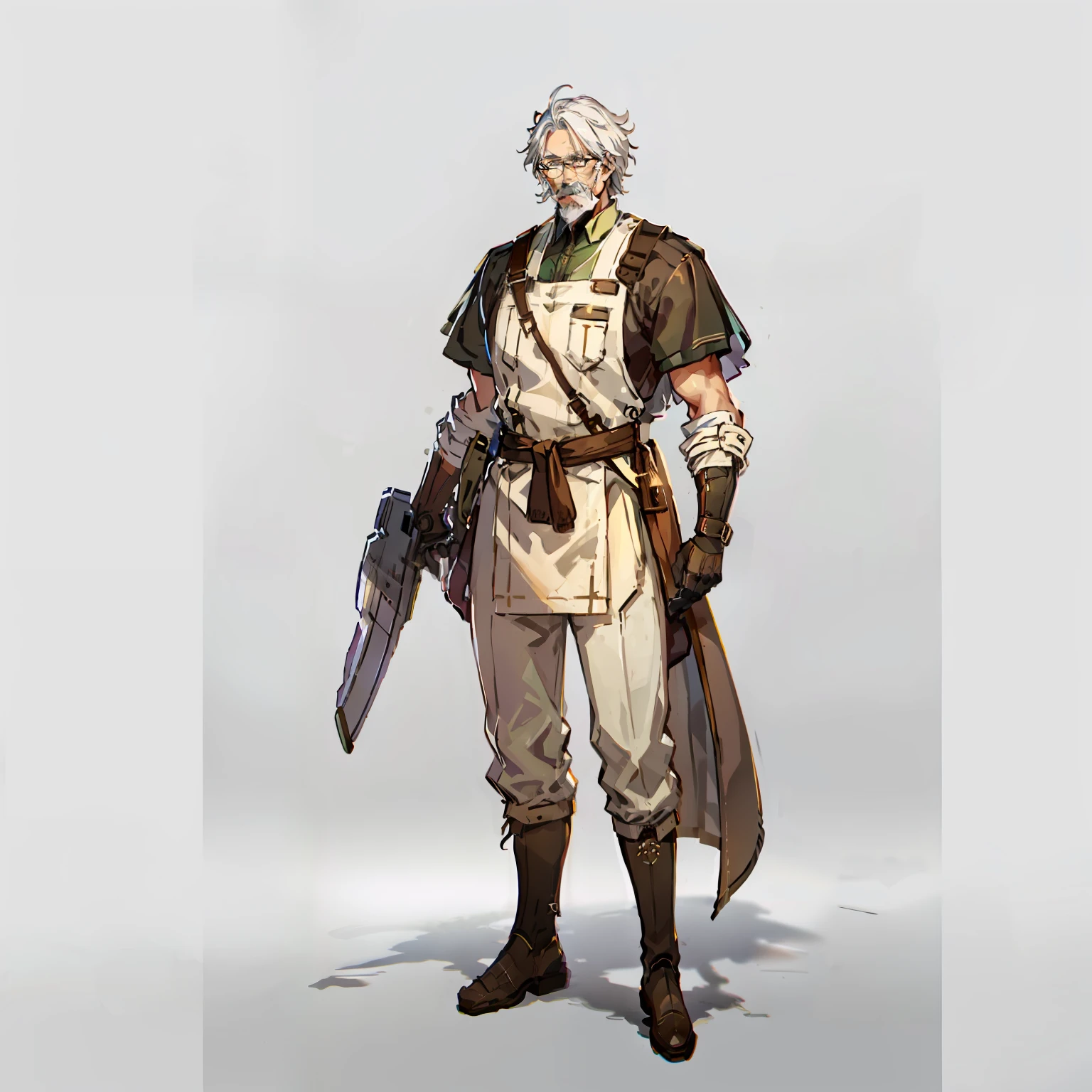 forerunner, Grandpa, No background, White background, White hair, Full body shot, long boots, hickory, Short hair, mustache, Wide pants,  Brown and green dresses, glasses, right arm machine