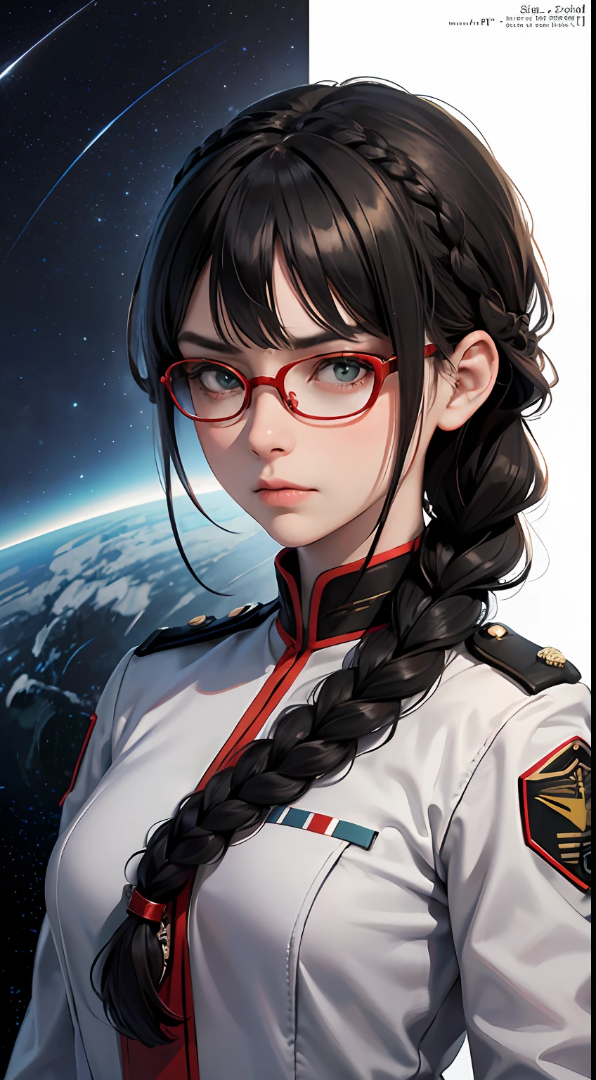 Movie Poster,((Braid Hairstyle : 1.5)),Anime Reference 86 ,Science Fiction,Sci-Fi,Movies,War Action Movies,Space,Atmosphere,Sky,Battleship,Multiple Characters,Women,Adults,Green Eyes,Black Hair,(Pia bangs hairstyle) : 1.8 ),(Red Glasses),General Uniform,White Commander Uniform,Serious Face Frowning,Realistic Face Detail,Realism,3D Face,