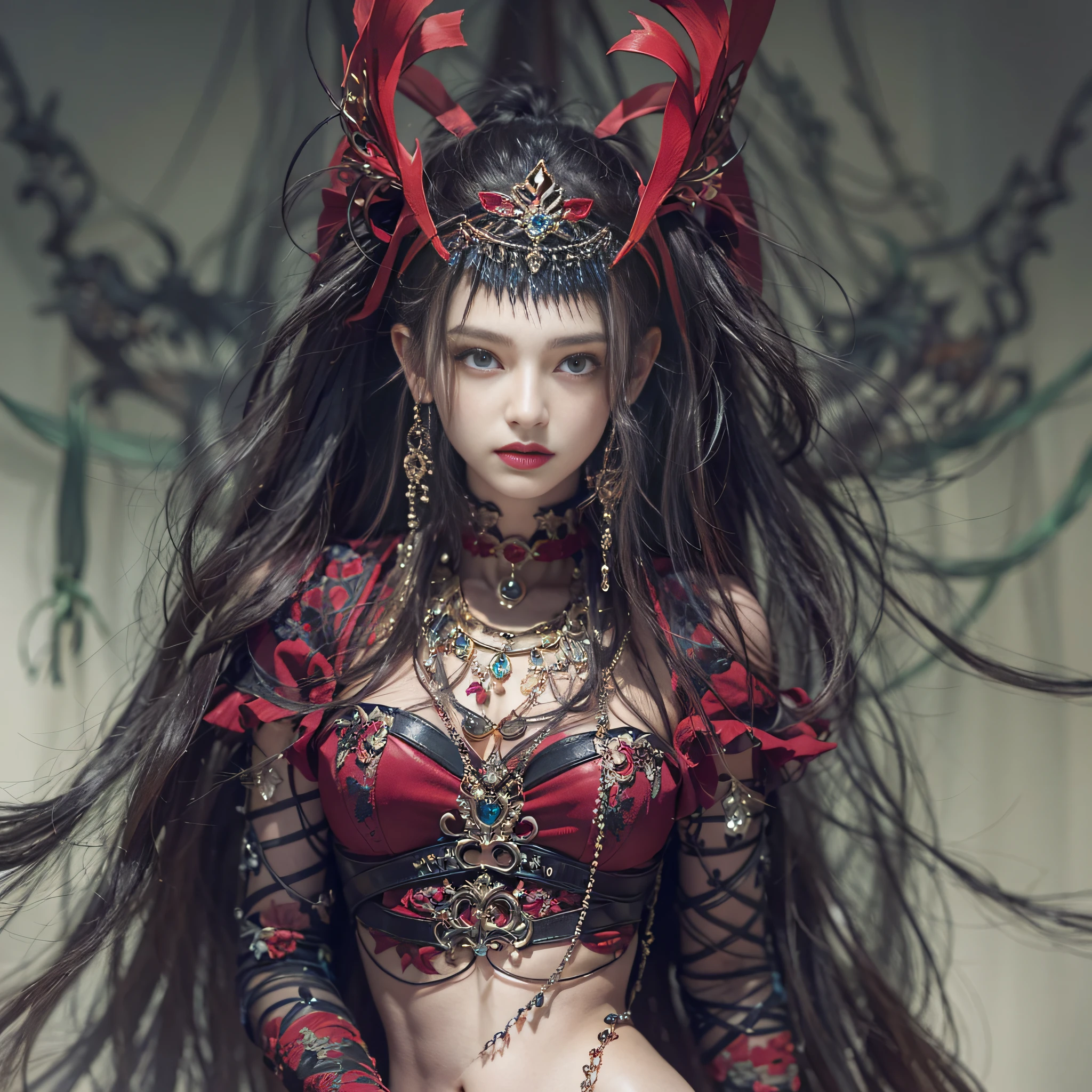 ((masterpiece:1.4)、(top-quality:1.4)、(reallistic:1.7))、Beautiful girl duo、Extraordinary beauty、Bondage style:1.4、latex shiny:1.4、Latex bodysuit、By Luis Royo、age19、Ultra Bikini、Looking Back Beauty、Outstanding style、standingn、fullllbody、foco nítido:1.5、Slender Abs、beauty legs、Beautiful ass、A detailed eye、Raw photo、red-lips、Red high heels、a choker、a necklace、耳Nipple Ring、Fantastic mythological landscape、