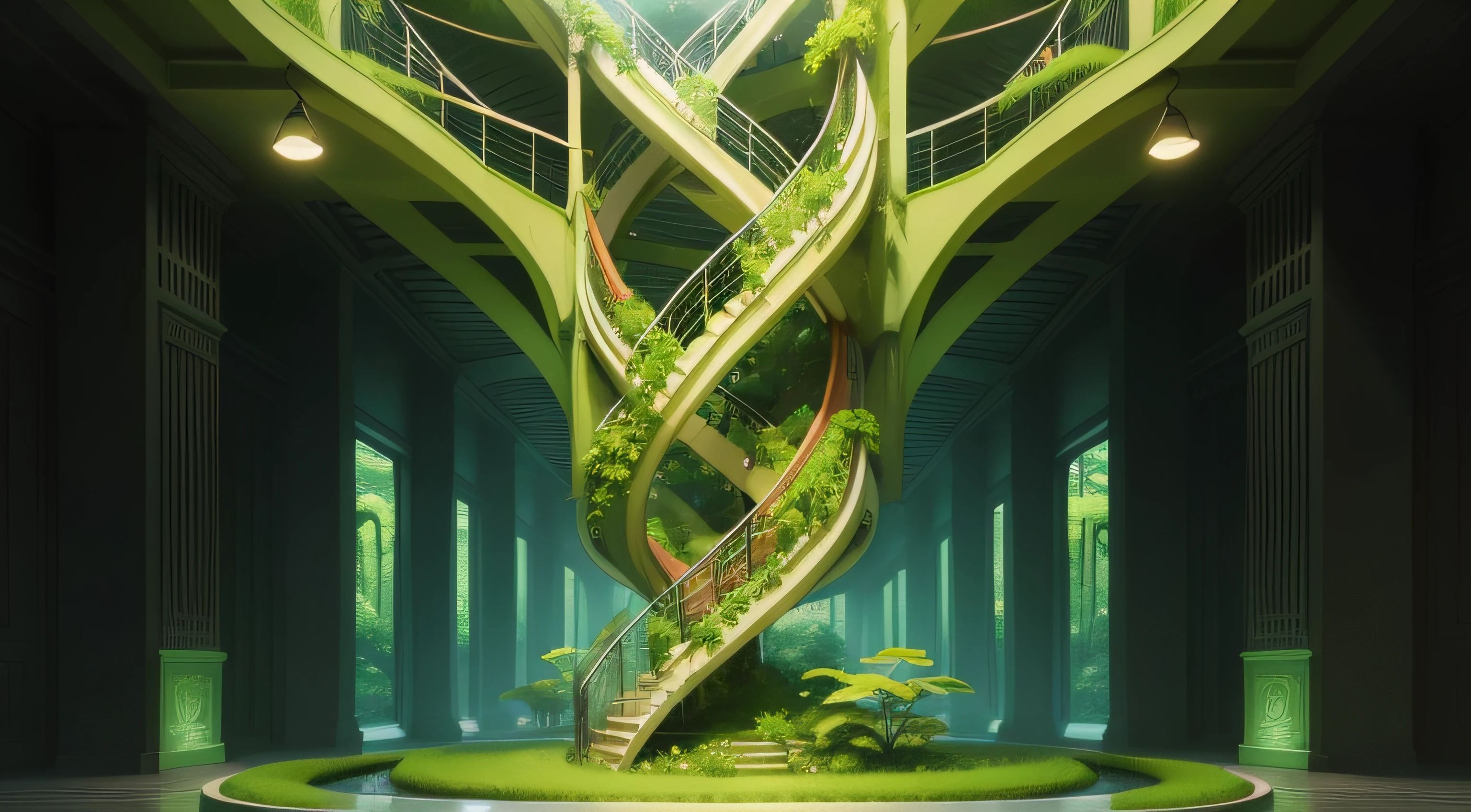 "DNA helix intertwined with lush green foliage."