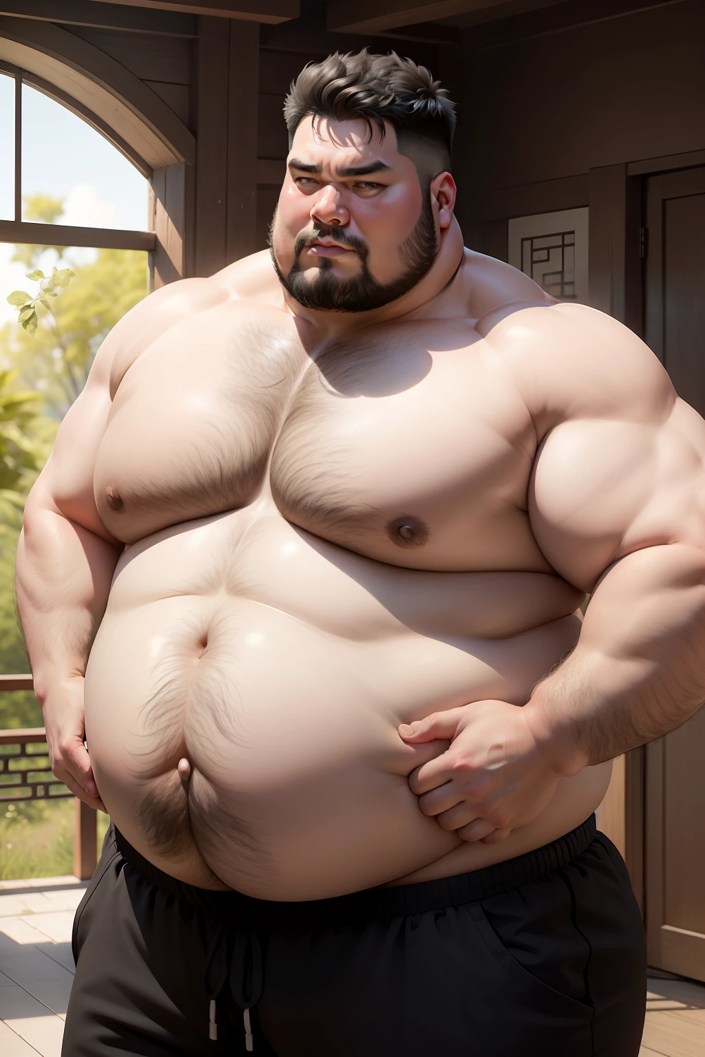 A man，260 lbs，Middle-aged big fat man，Big belly，White-colored skin，Short black hair，No tops，Chinese man