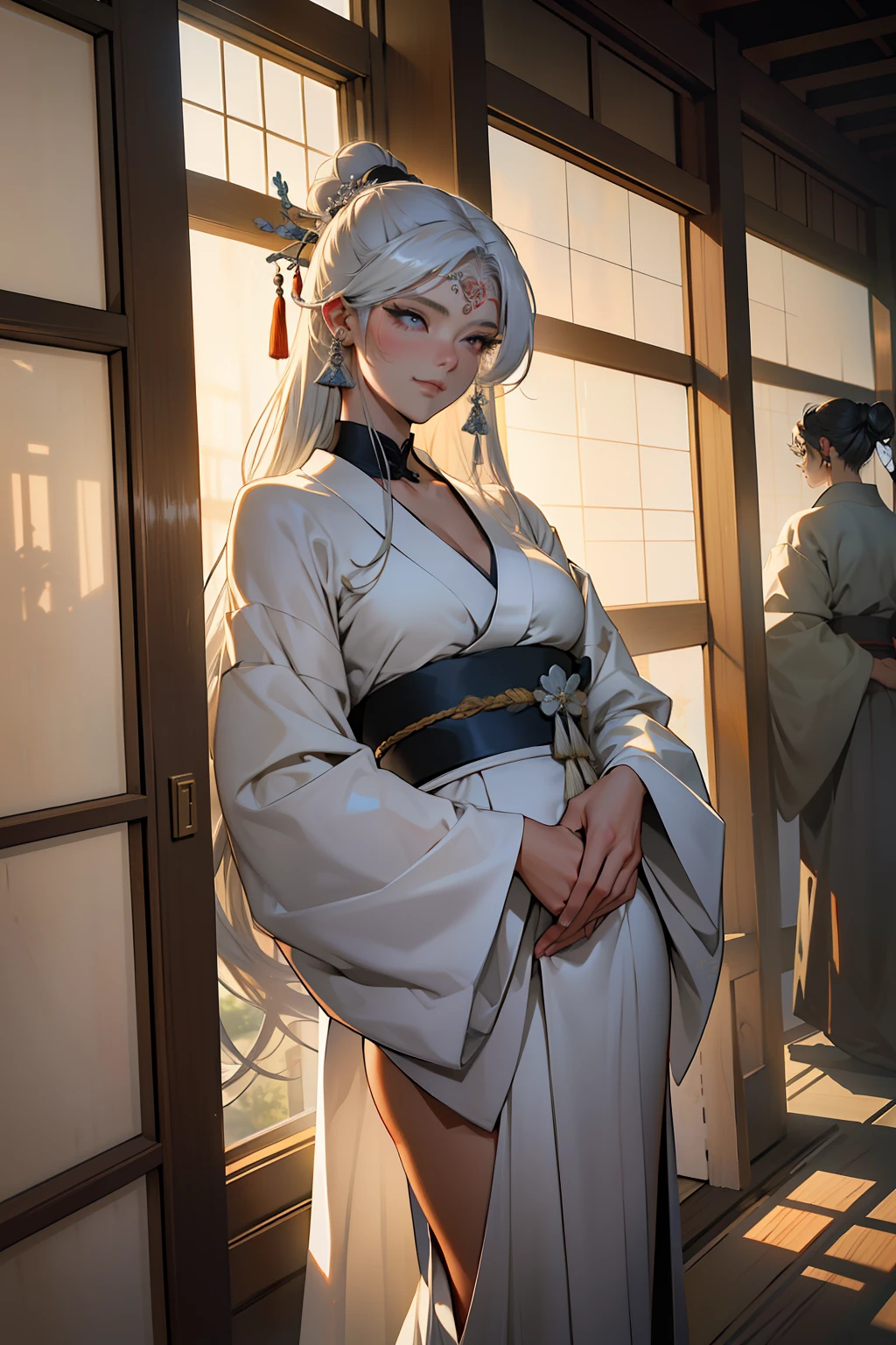 (melhor qualidade)), ((obra-prima)), (altamente detalhado:1.3) mulher de cabelos platinados parecida com a Gobodo-sama(inu-yasha) and sculptural body wearing a luxurious Japanese kimono in a gloomy feudal Japanese palace with the late afternoon light streaming in through the crack in the window