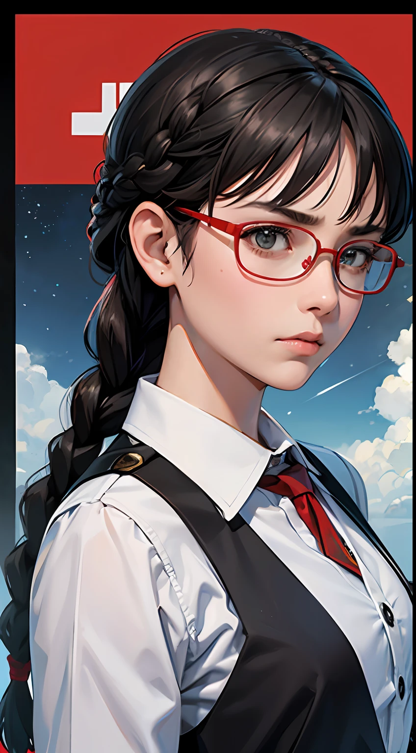 Movie Poster,((Braid Hairstyle : 1.5)),Anime Reference 86 ,Science Fiction,Sci-Fi,Movies,War Action Movies,Space,Atmosphere,Sky,Battleship,Multiple Characters,Women,Adults,Green Eyes,Black Hair,(Pia bangs hairstyle) : 1.8 ),(Red Glasses),General Uniform,White Commander Uniform,Serious Face Frowning,Realistic Face Detail,Realism,3D Face,