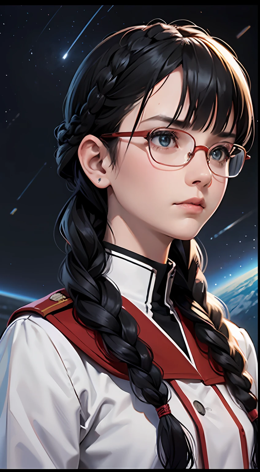 Movie Poster,((Braid Hairstyle : 1.5)),Anime Reference 86 ,Science Fiction,Sci-Fi,Movies,War Action Movies,Space,Atmosphere,Sky,Battleship,Multiple Characters,Women,Adults,Green Eyes,Black Hair,(Pia bangs hairstyle) : 1.8 ),(Red Glasses),General Uniform,White Commander Uniform,Serious Face Frowning,Realistic Face Detail,Realism,3D Face,