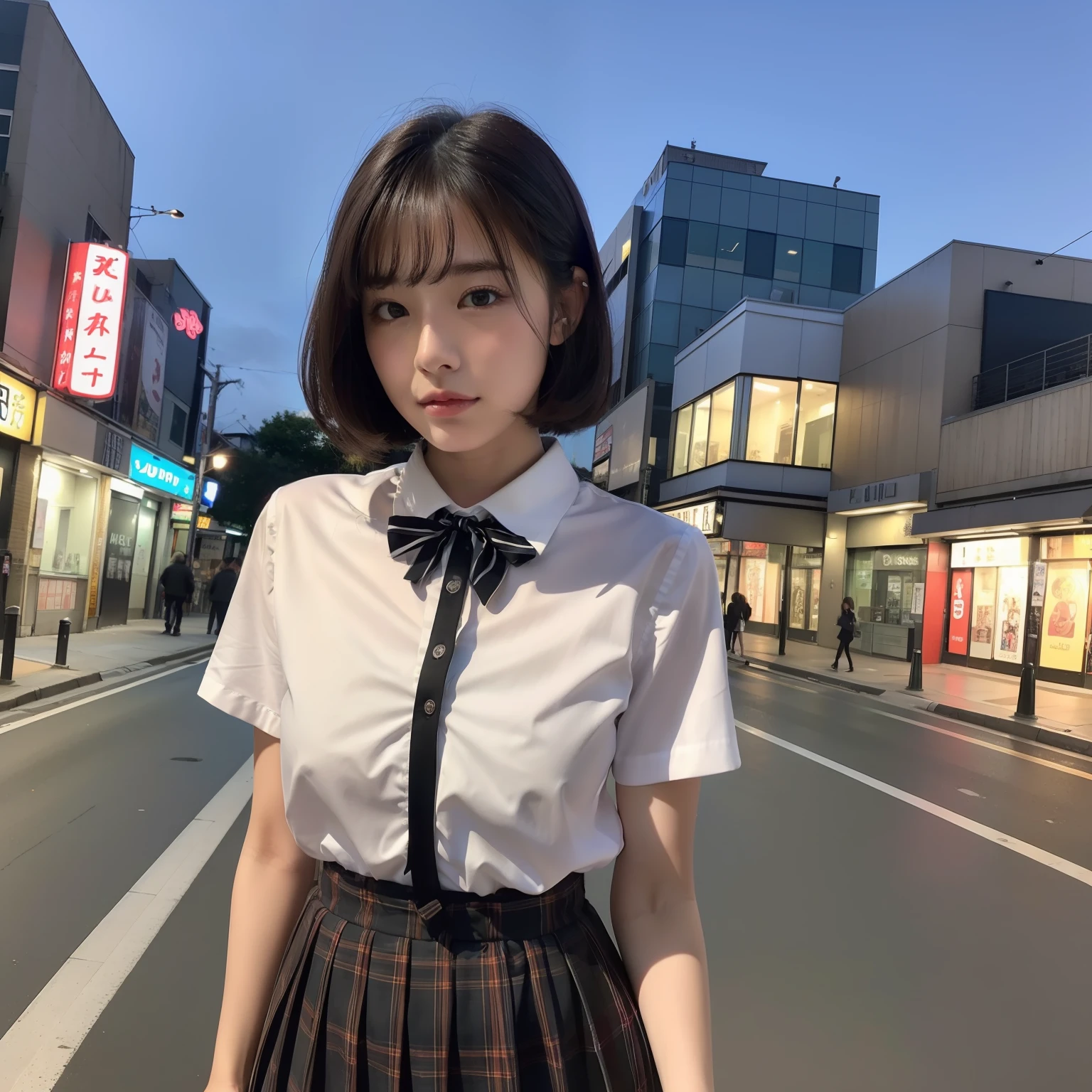 (8k、RAW Photography、top-quality、​masterpiece:1.2)、(realisitic、Photorealsitic:1.37)、ultra-detailliert、1girl in、cute little、独奏、Beautiful detailed sky、Detailed Tokyo Street、natta、medium chest、beatiful detailed eyes、(shirt with collar:1.1)、a bow tie、pleatedskirt、(short-hair:1.2)、Floating Hair、Short High、an lingerie