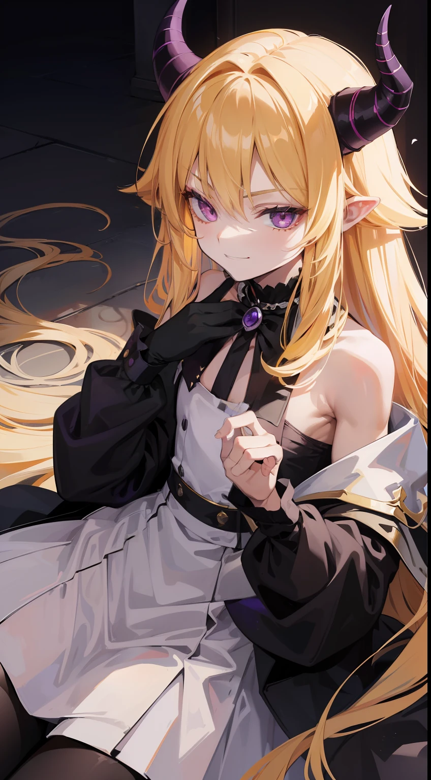 young boy, very long blonde hair, horns demon, violet eyes, Demon slaves, open shoulders, smirk, Masterpiece, hiquality